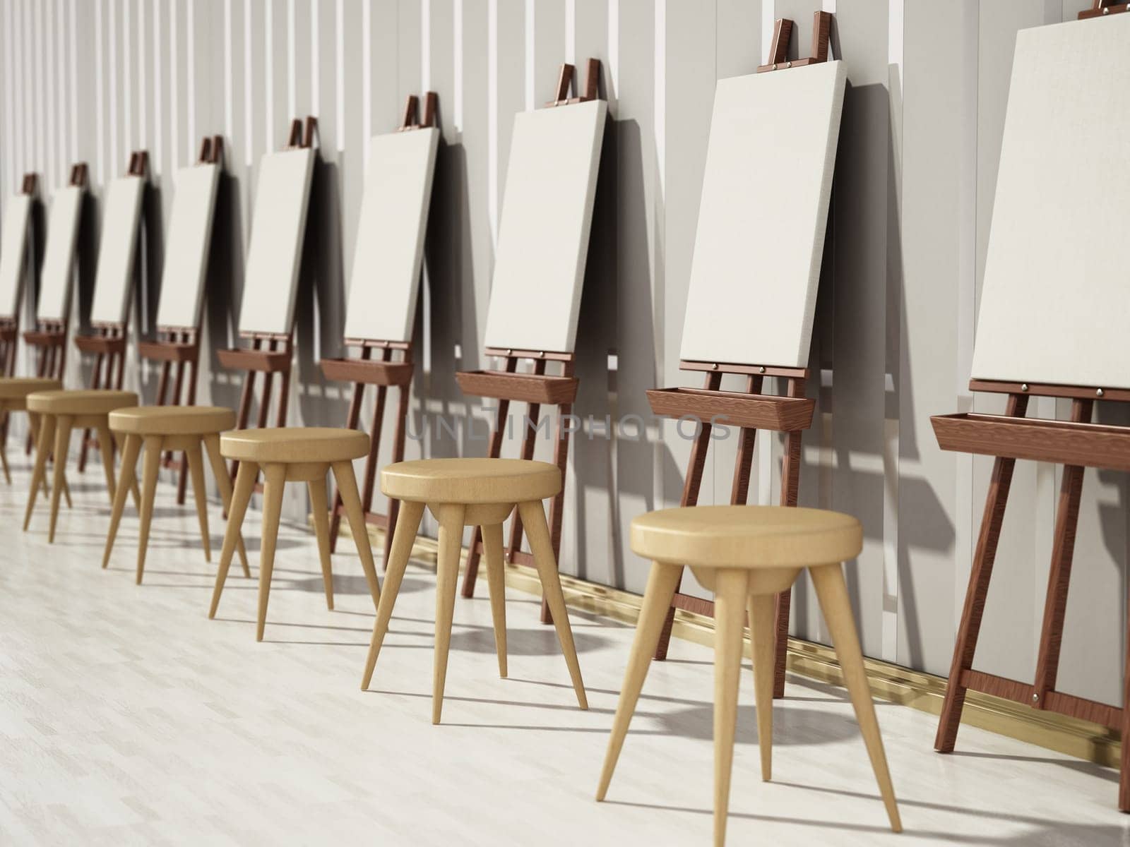 Easels and blank canvases standing in a row. 3D illustration.