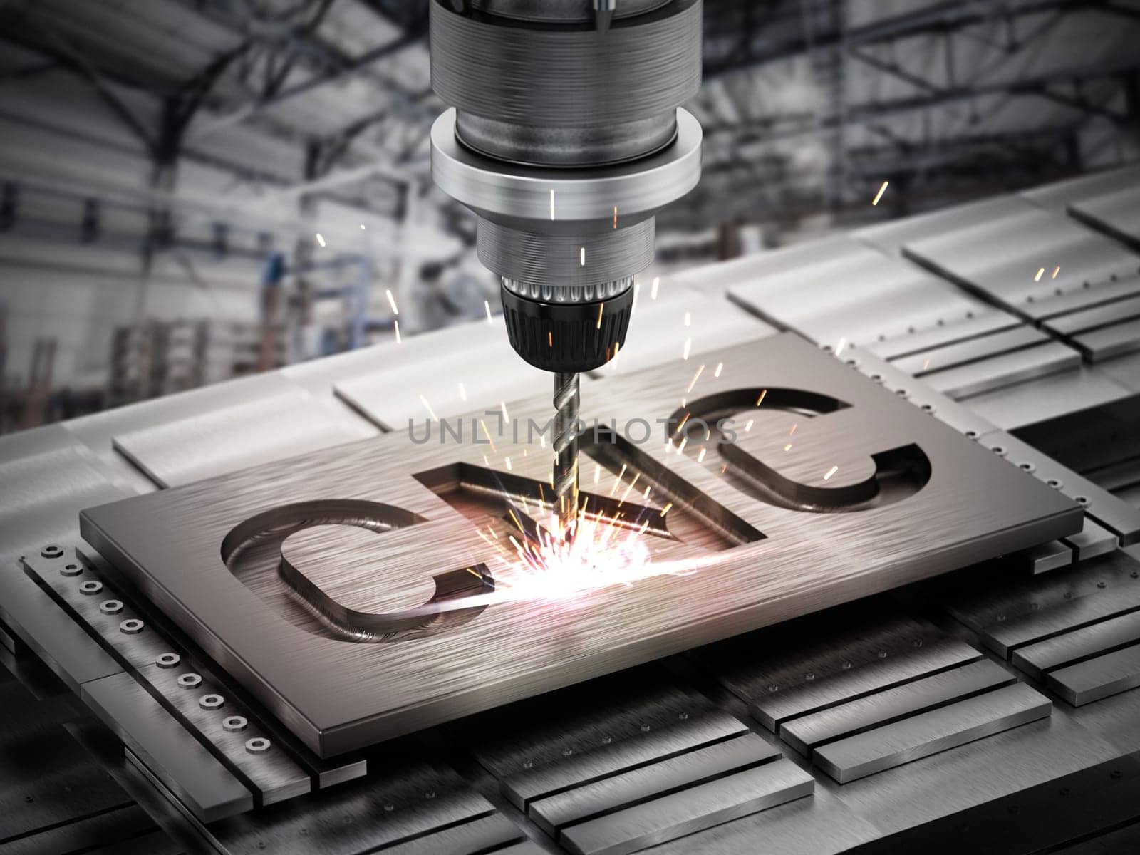 Closeup of generic CNC drill equipment. 3D illustration.