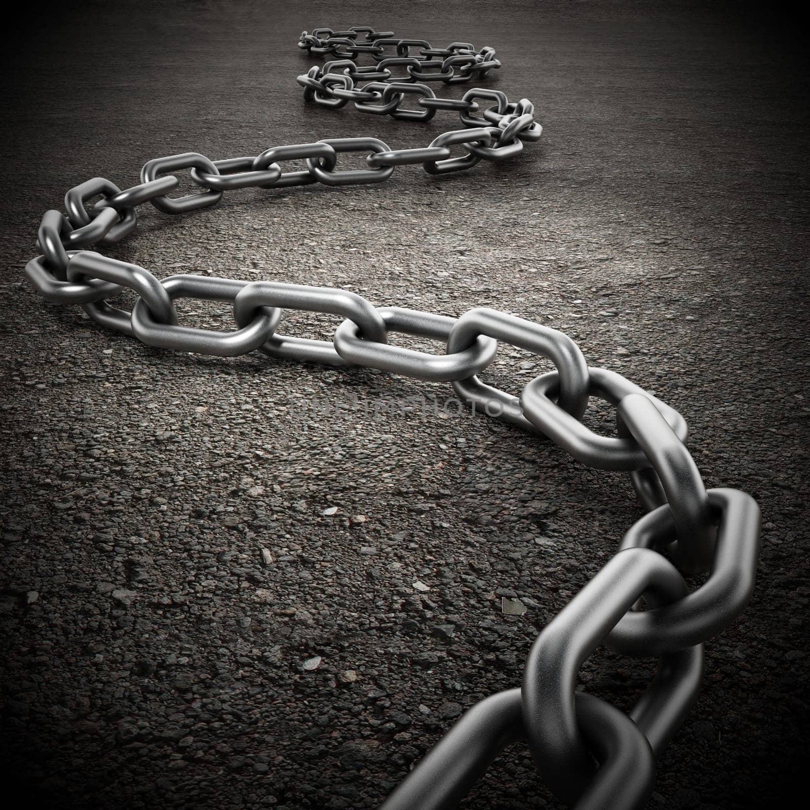 Long and curved iron chain on the ground. 3D illustration.