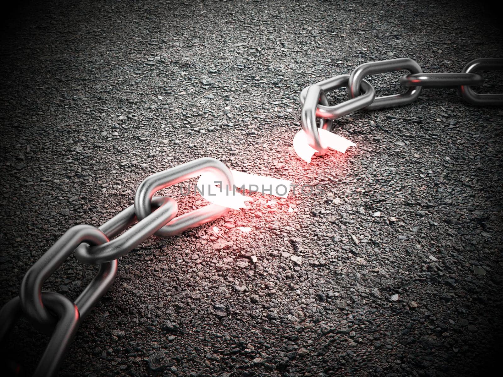Illuminated broken chain part on the ground. 3D illustration.
