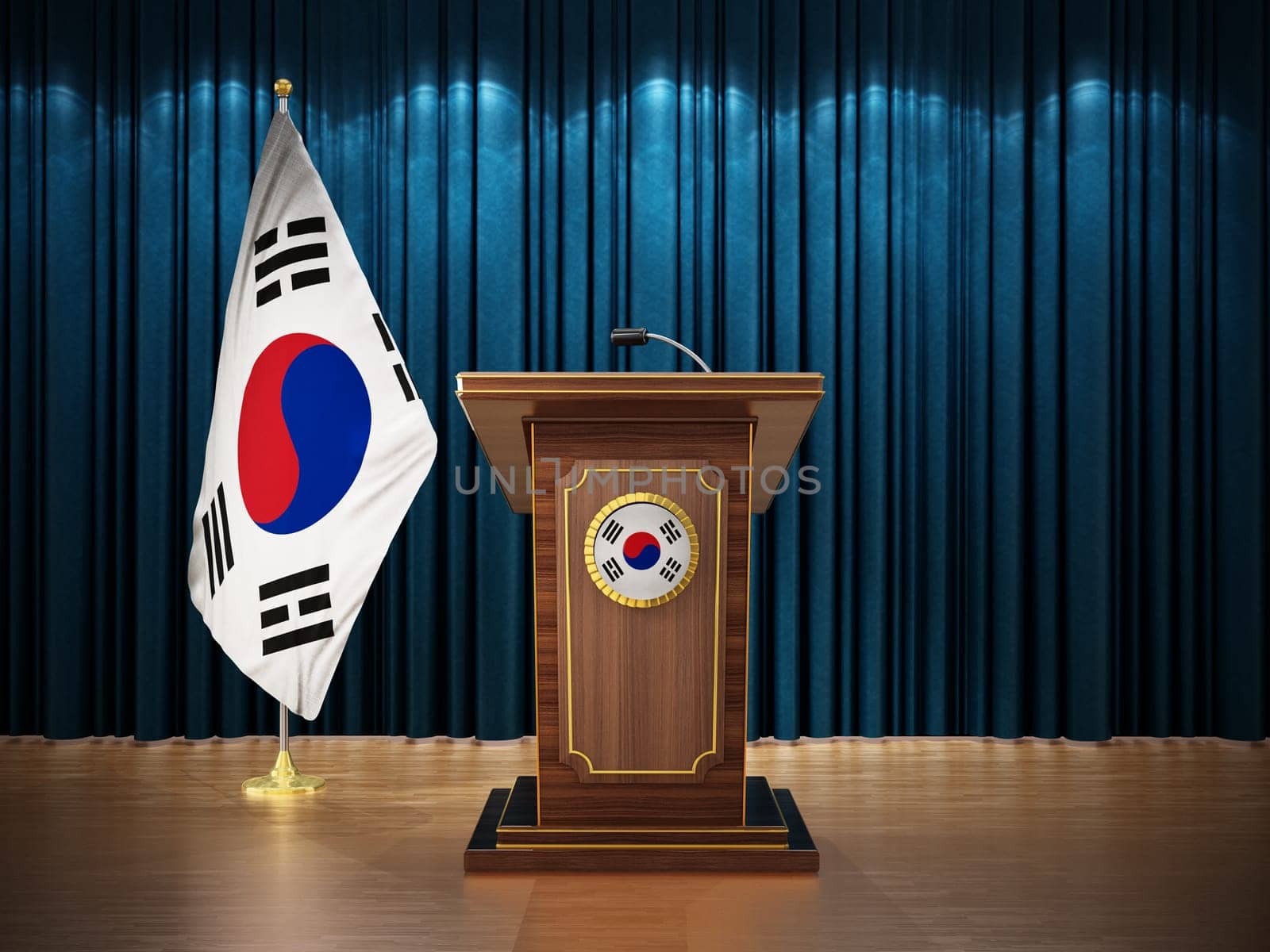 Press conference with flags of South Korea and lectern against the blue curtain. 3D illustration.