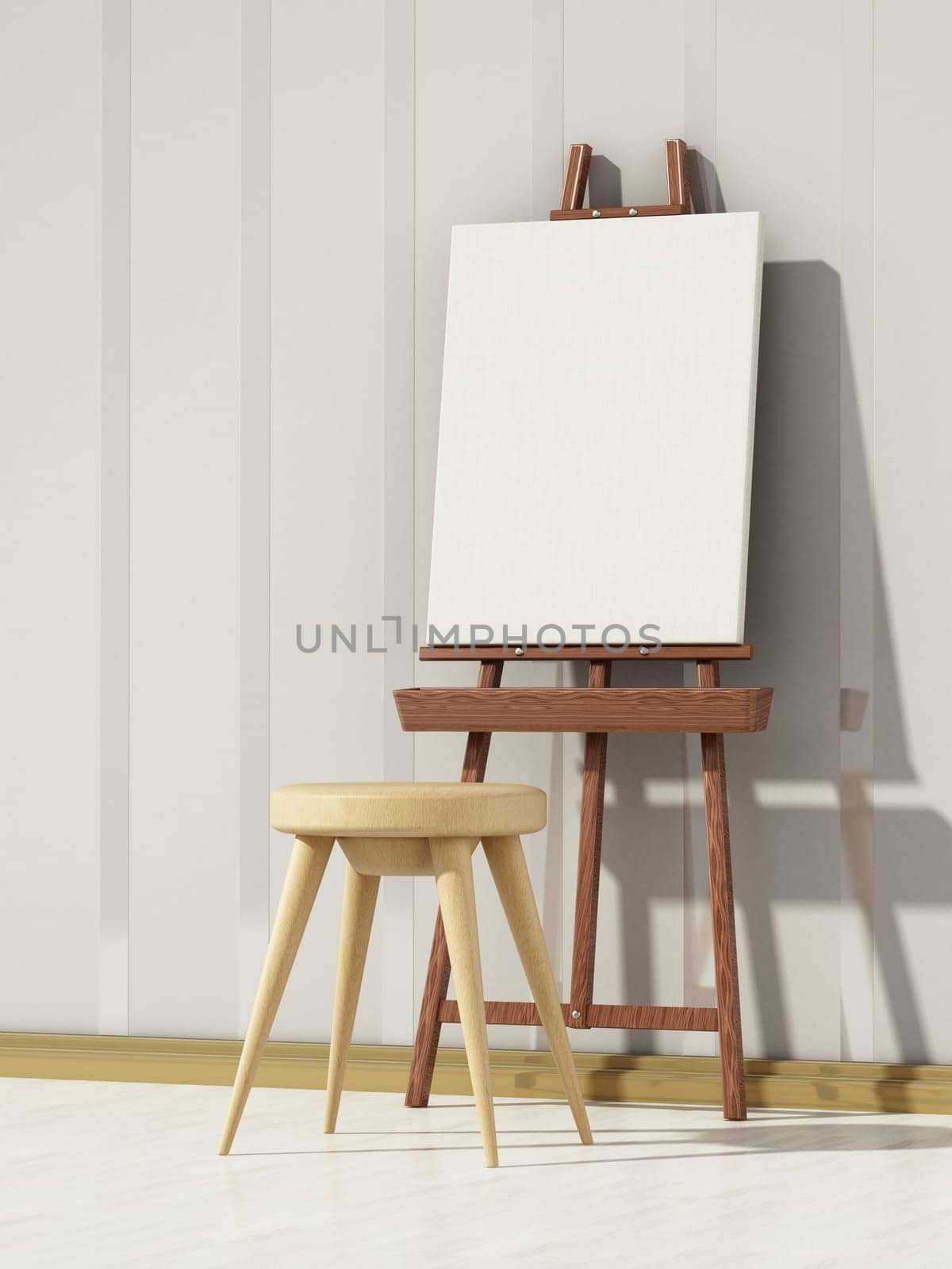 Easels blank canvas and stool standing in a room. 3D illustration.