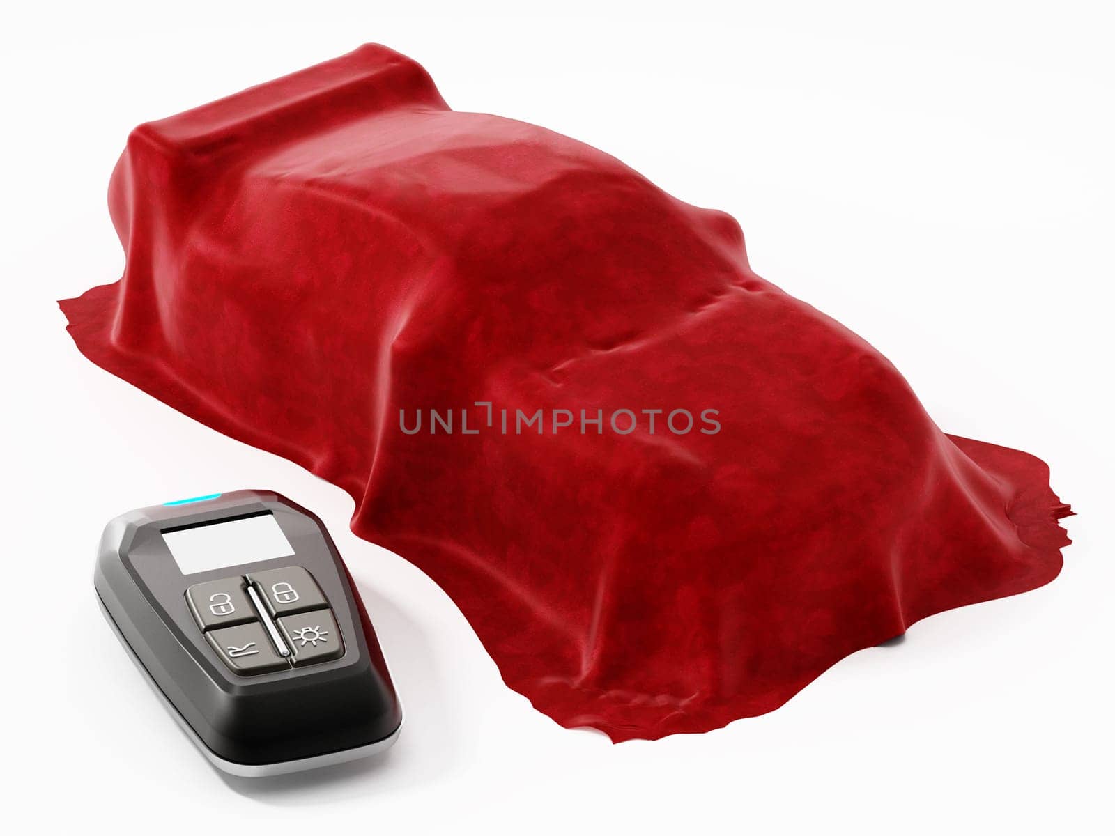 Smart remote car key and new car model under the red silk cloth. 3D illustration.