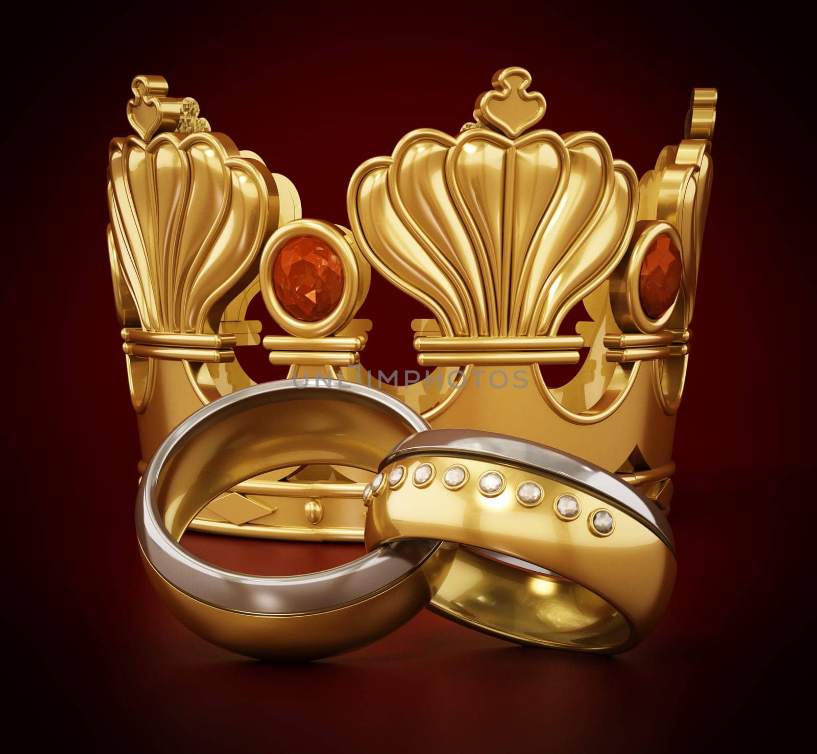 Royal wedding concept with crown and wedding rings. 3D illustration.