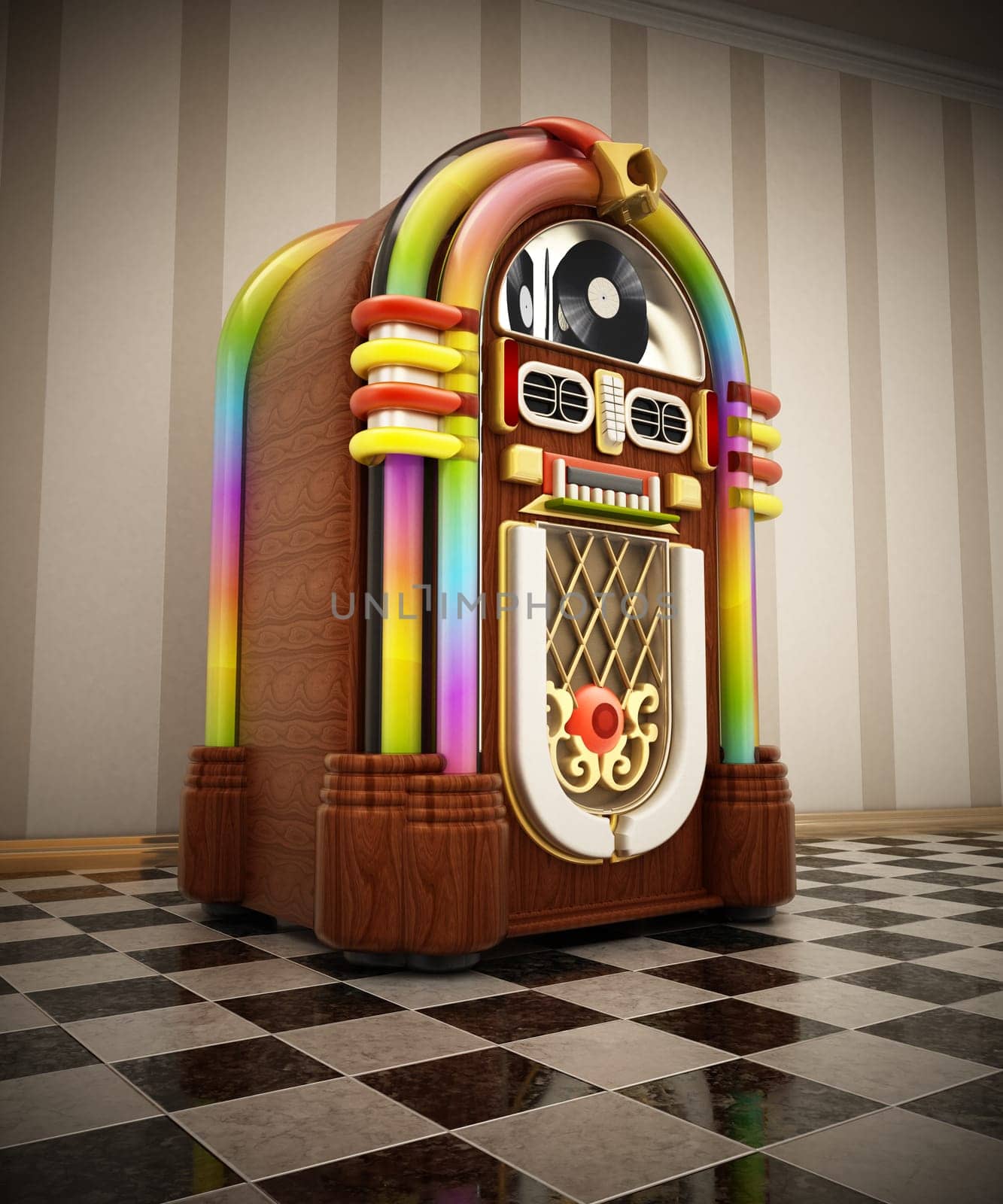 Jukebox standing on checkers ground next to the wall. 3D illustration.