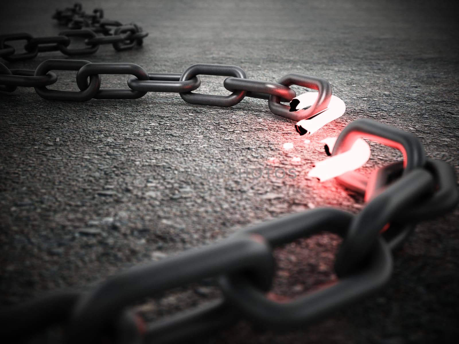 Illuminated broken chain part on the ground. 3D illustration.