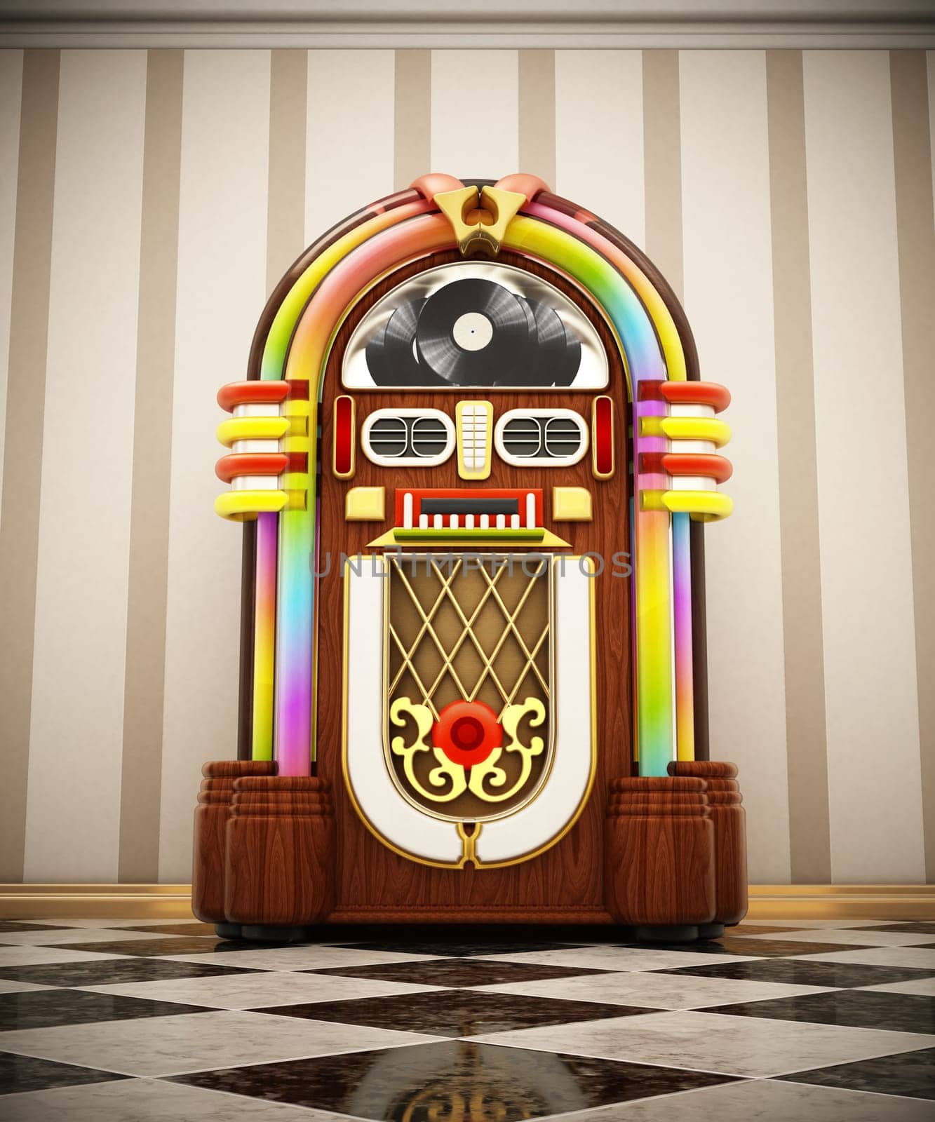 Jukebox standing on checkers ground next to the wall. 3D illustration.