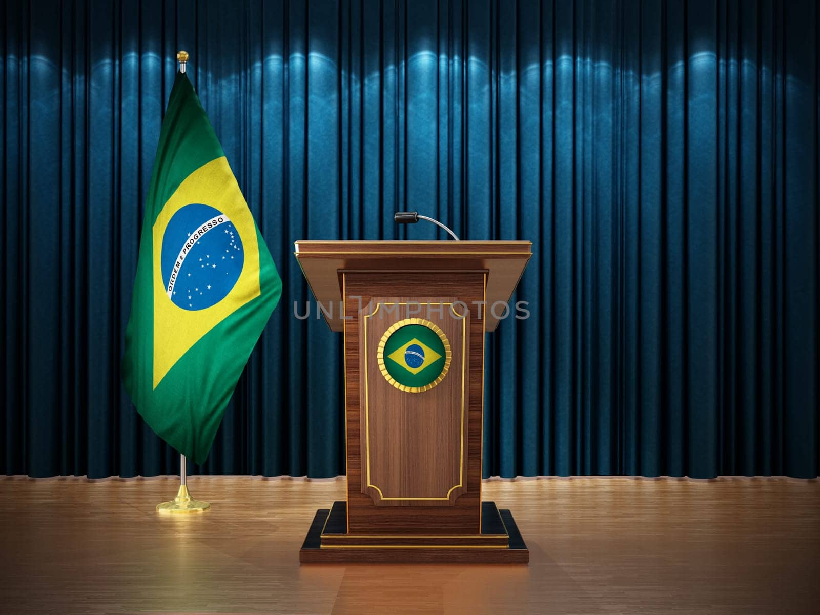 Press conference with Brazil flags and lectern against blue curtain. 3D illustration.