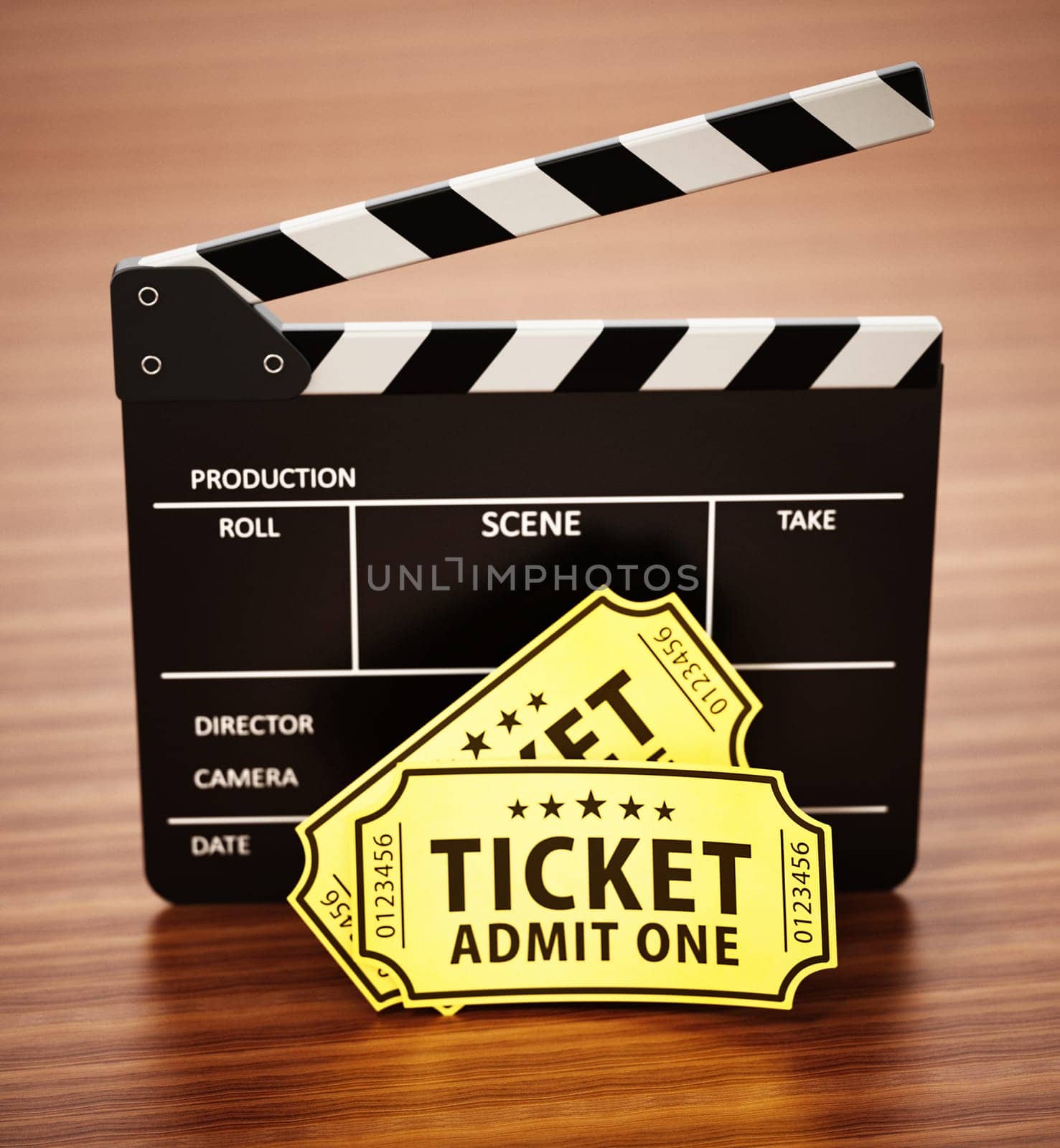 Clapboard and cinema tickets standing on wooden surface. 3D illustration.