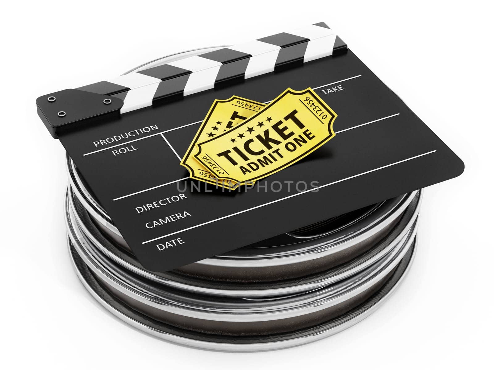Film reels, clapboard and cinema tickets isolated on white background. 3D illustration.