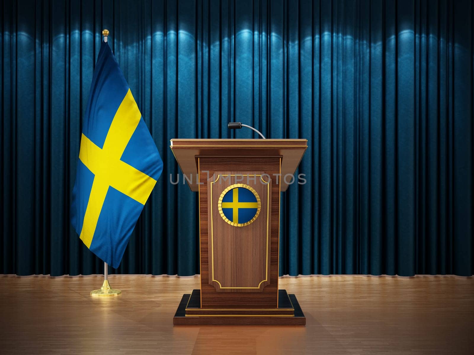 Press conference with flags of Sweden and lectern against the blue curtain. 3D illustration.
