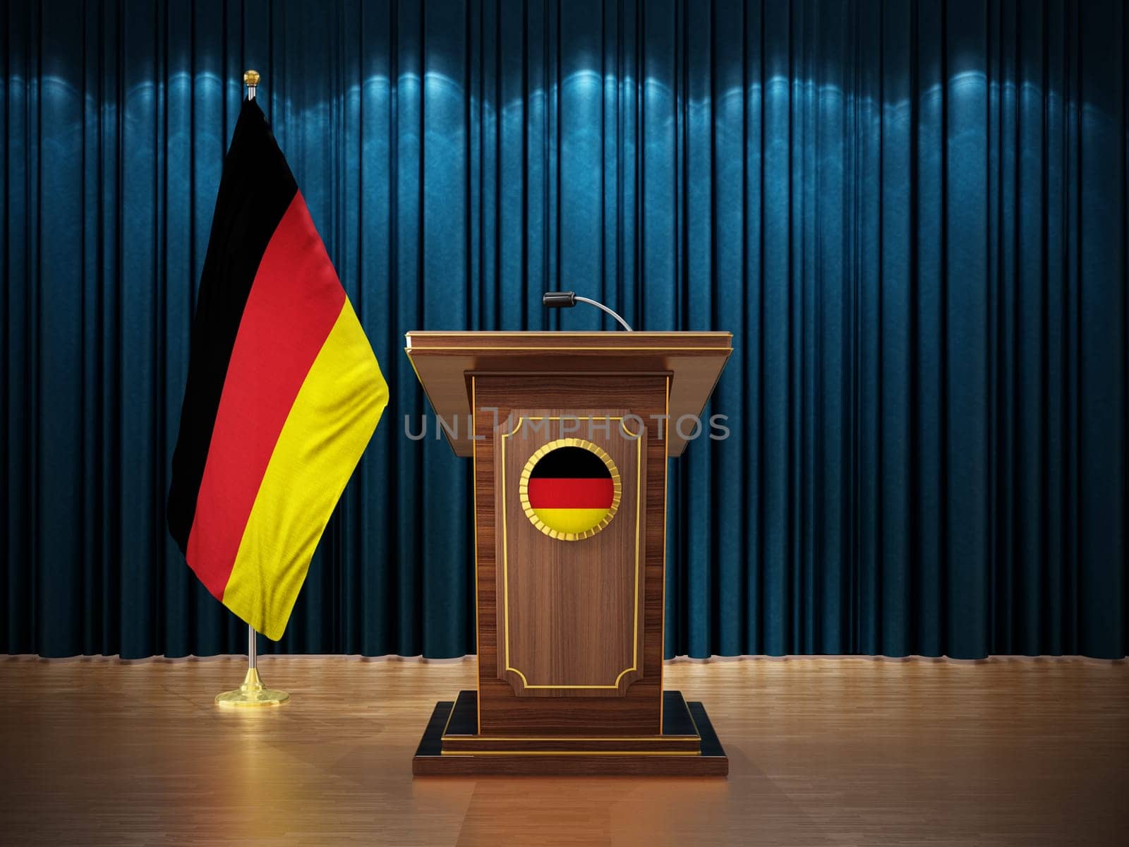 Press conference with flags of Germany and lectern against the blue curtain. 3D illustration.