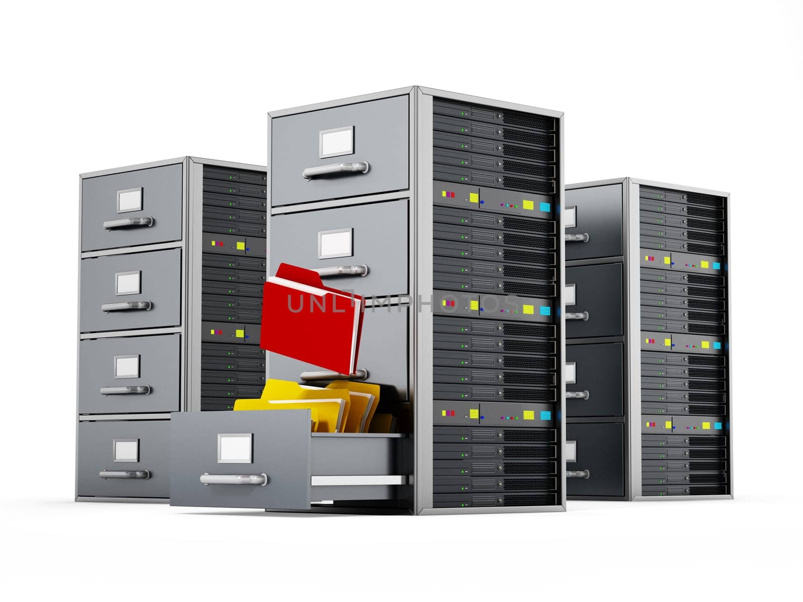 File cabinet combined with network server. 3D illustration.