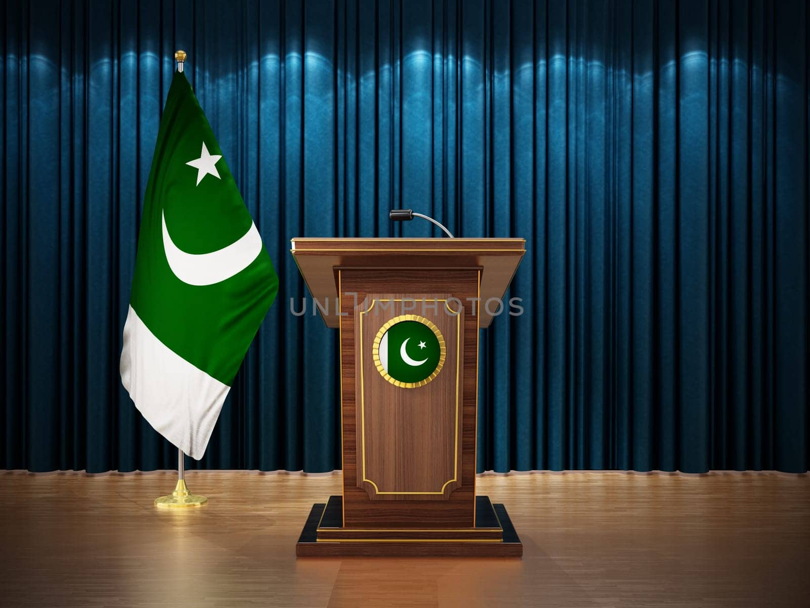 Press conference with flags of Pakistan and lectern against the blue curtain. 3D illustration.