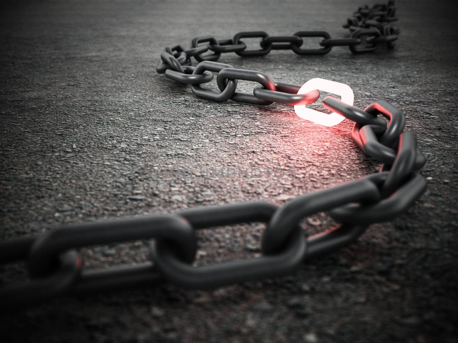 Illuminated chain part connecting two sides of the chain. 3D illustration.