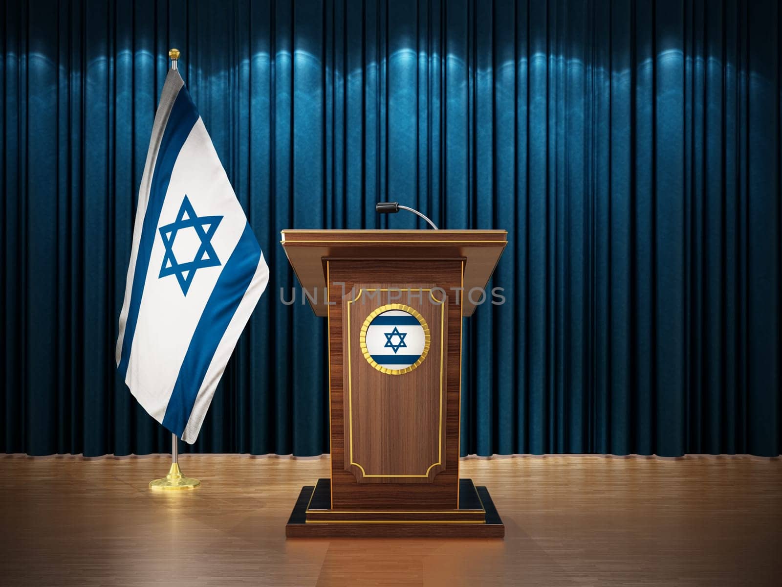 Press conference with flags of Israel and lectern against the blue curtain. 3D illustration.