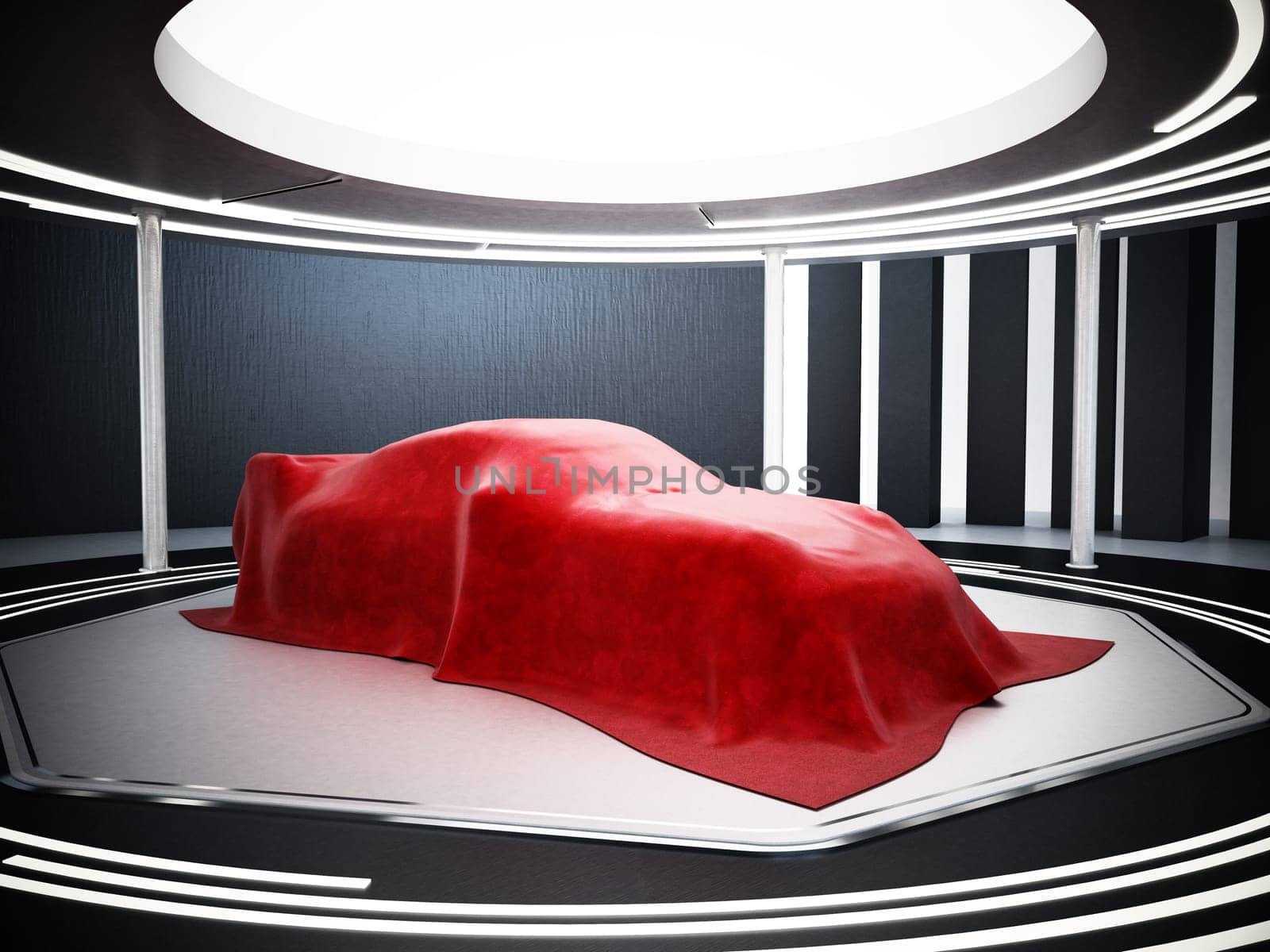 New car model showcase on the podium under the red silk. 3D illustration.