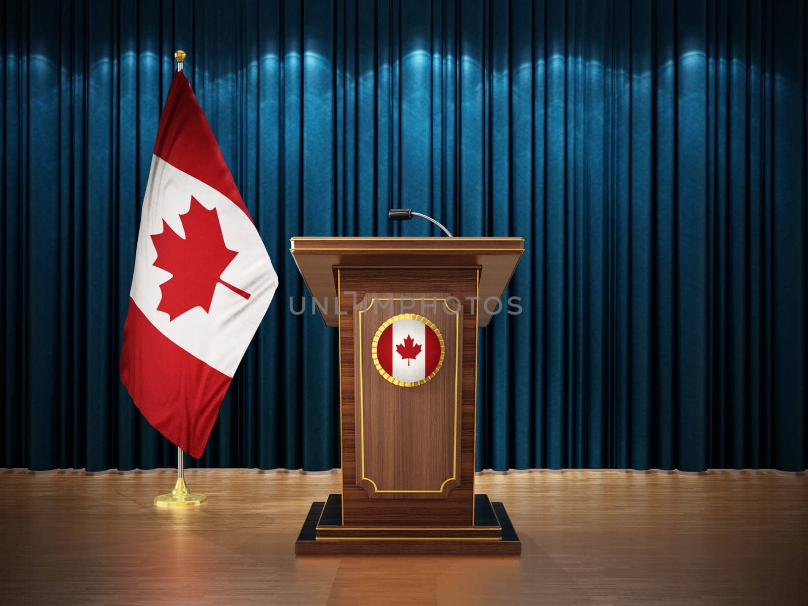 Press conference with flags of Canada and lectern against the blue curtain. 3D illustration.