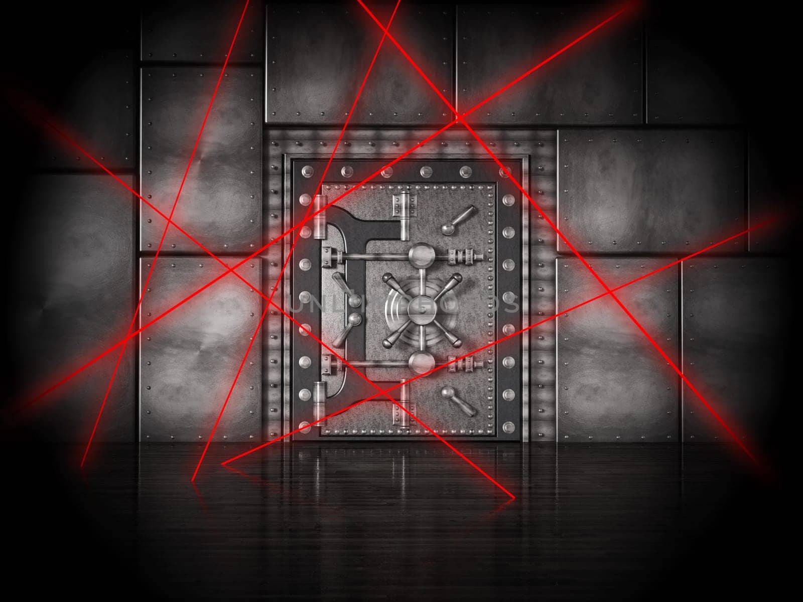 Red laser beams on bank vault door under heavy protection. 3D illustration.