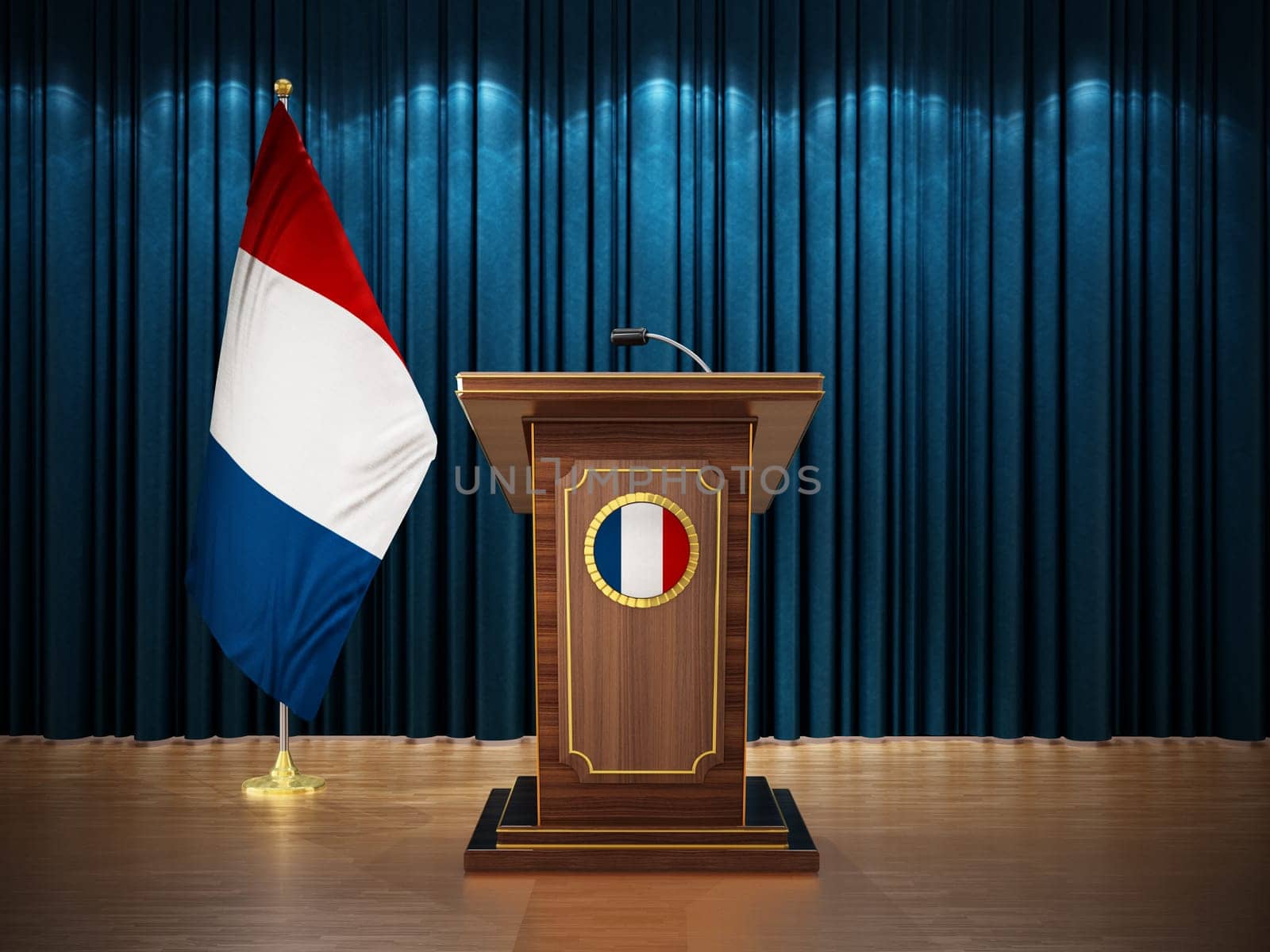 Press conference with flags of France and lectern against the blue curtain. 3D illustration.