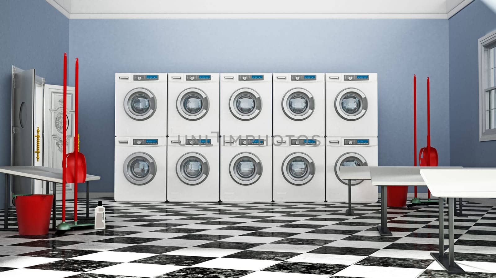 Laundry room with a large of washing machines and tumble dryers. 3D illustration.