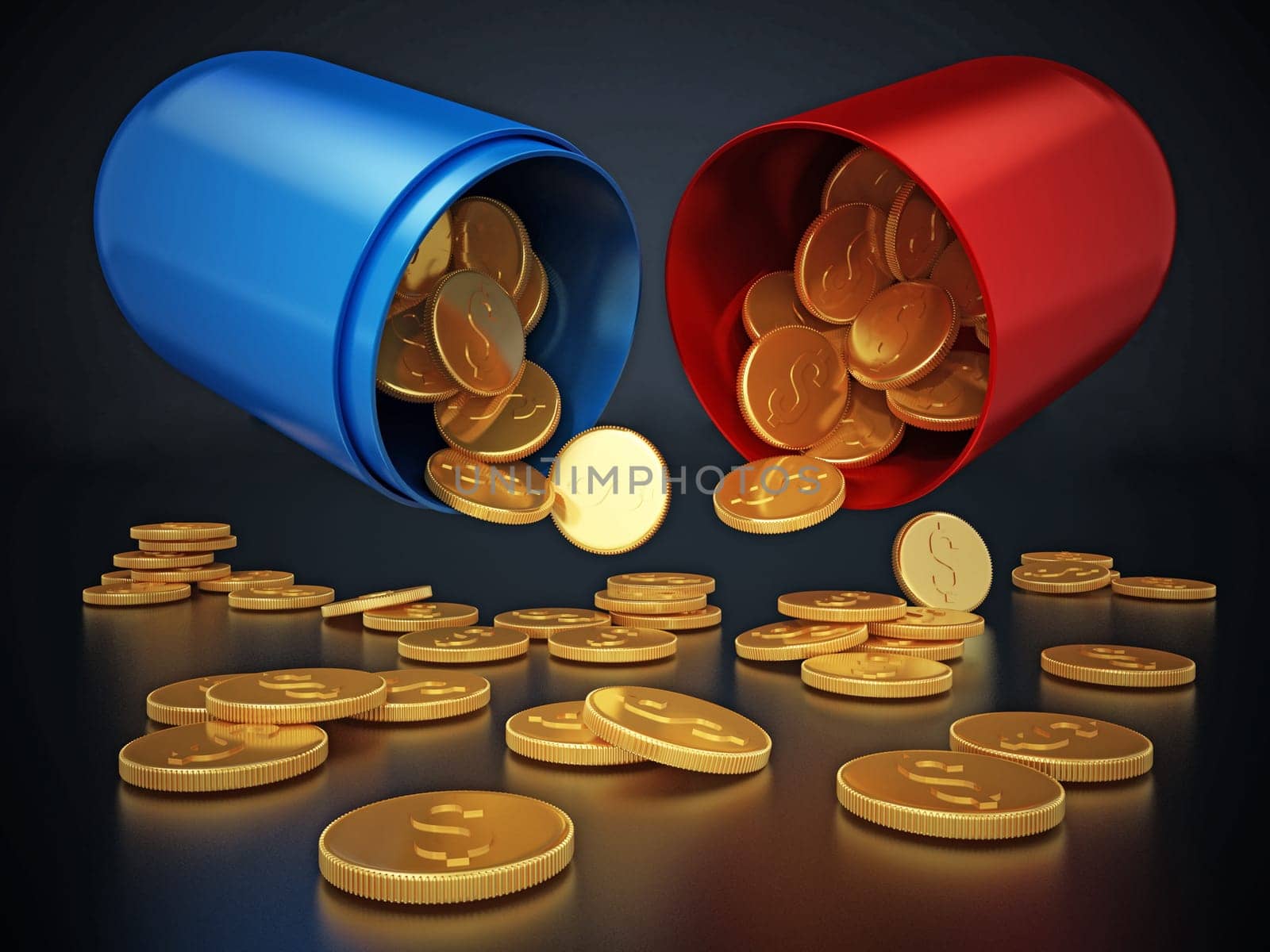 Gold coins inside open red and blue pill. 3D illustration.