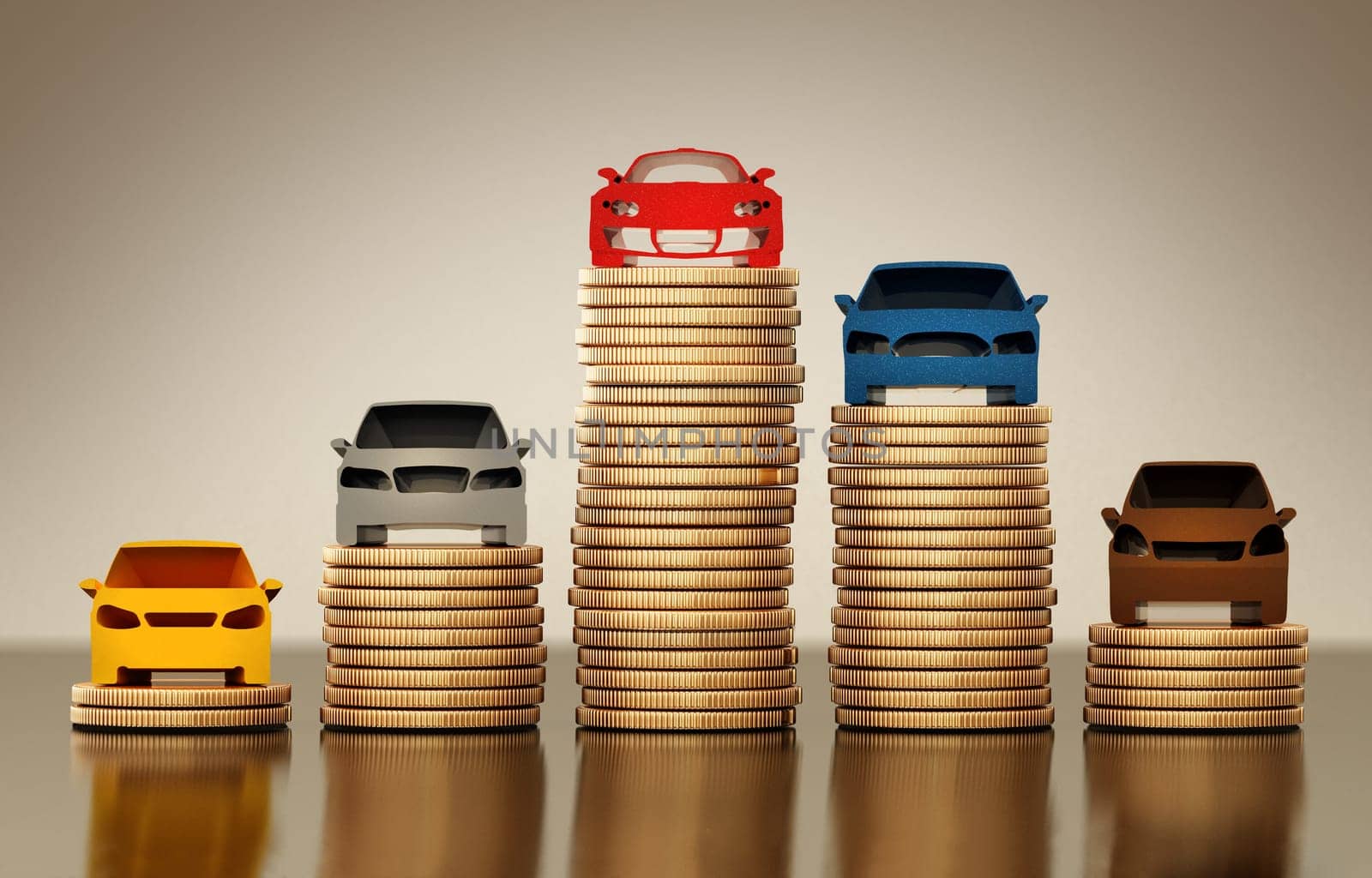Colored car silhouettes standing on gold coin stacks. 3D illustration.
