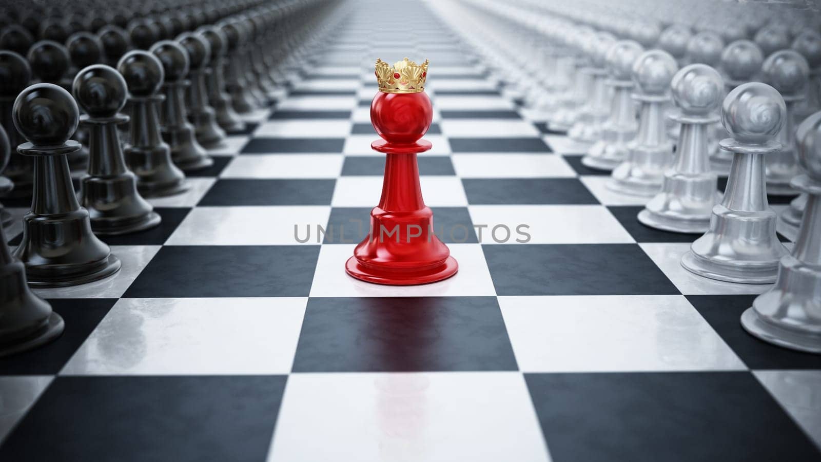 Red chess pawn wearing a crown standing between black and white chess pieces. 3D illustration.