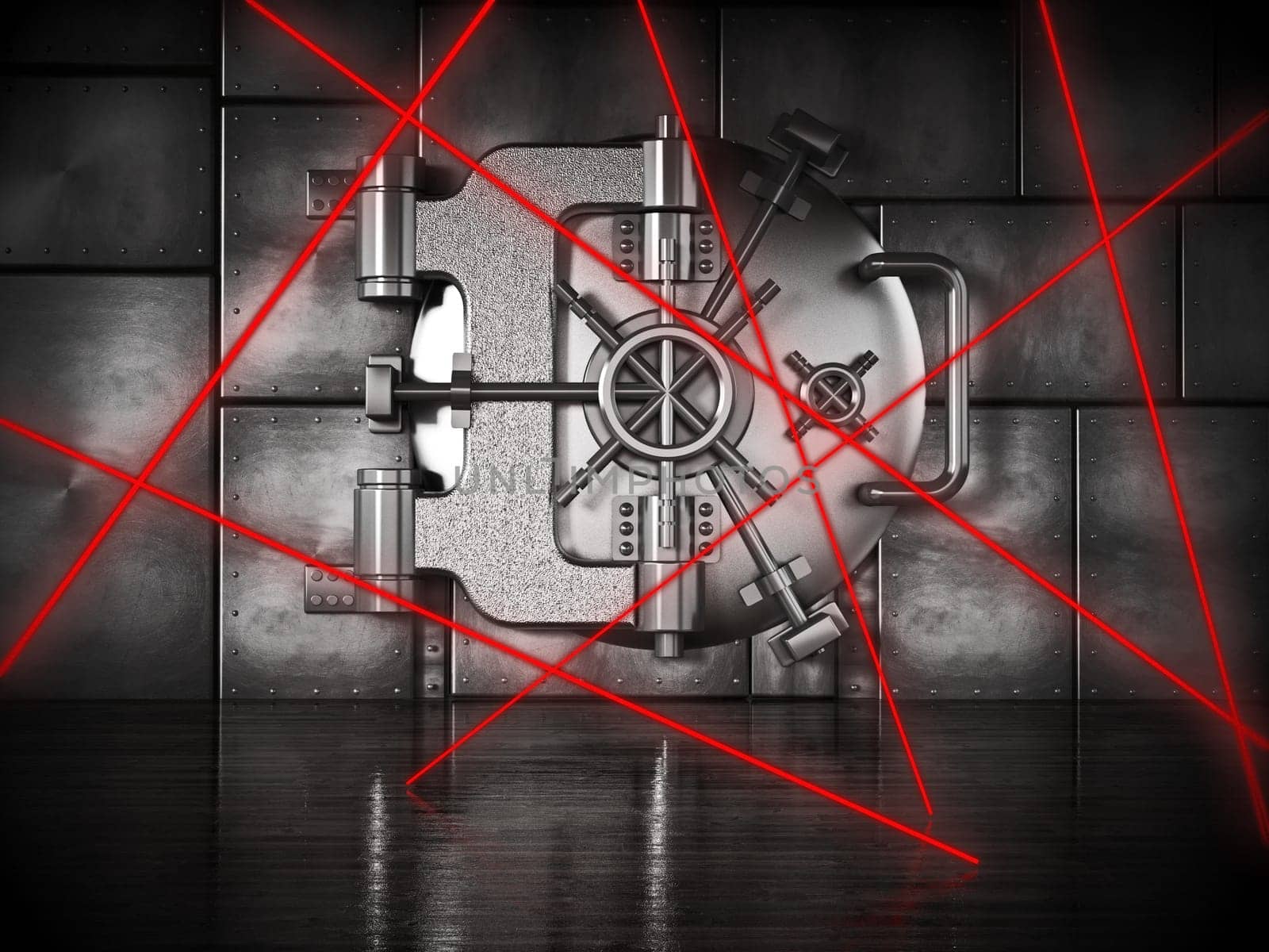 Red laser beams on bank vault door under heavy protection. 3D illustration.