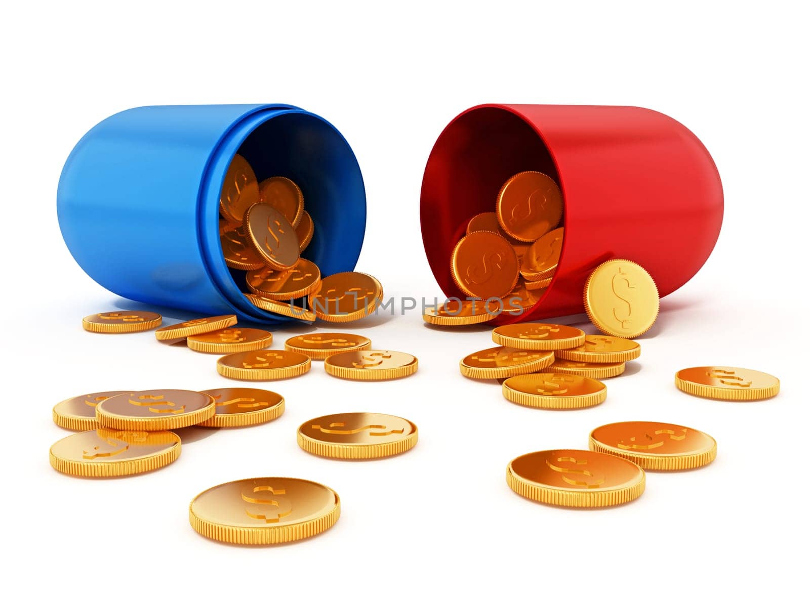 Gold coins inside open red and blue pill. 3D illustration.