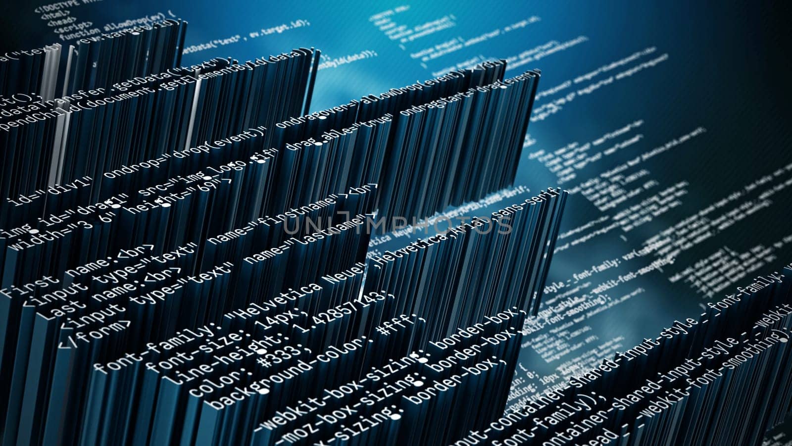Abstract code background with blue color tones. 3D illustration.