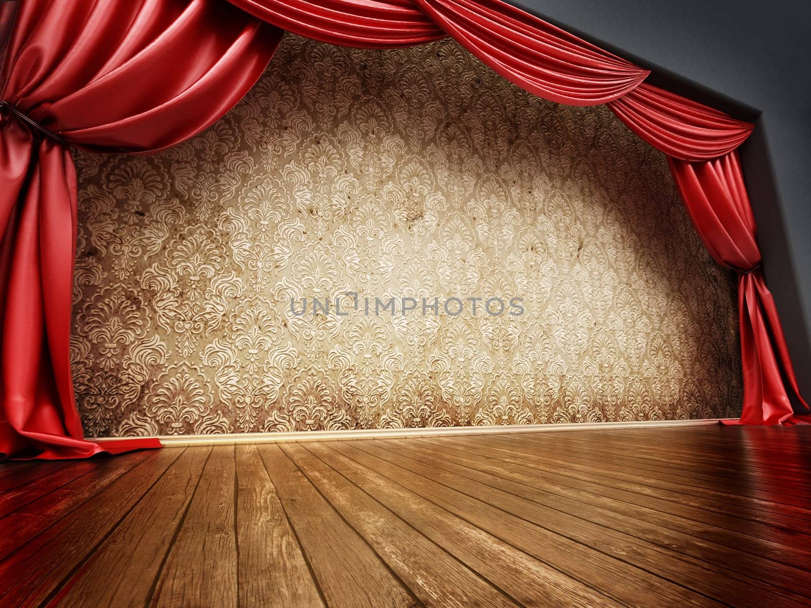 Theater stage with red curtain and parquet ground. 3D illustration.
