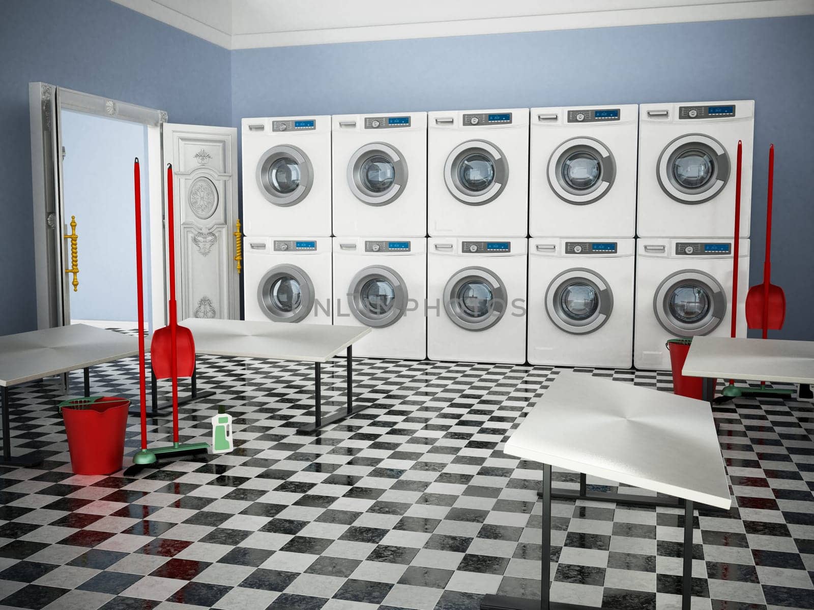 Laundry room with a large of washing machines and tumble dryers. 3D illustration.