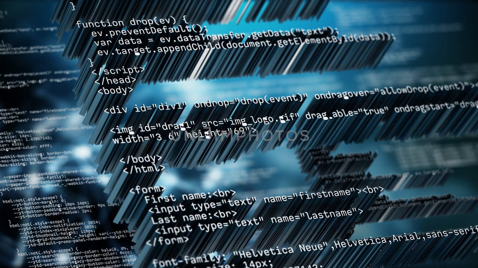 Abstract code background with blue color tones. 3D illustration.