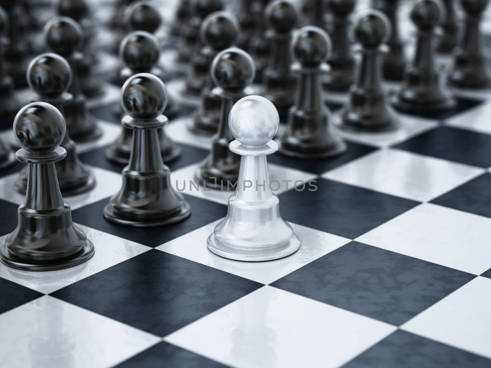 White chess pawn standing one square ahead of black chess pieces. 3D illustration.