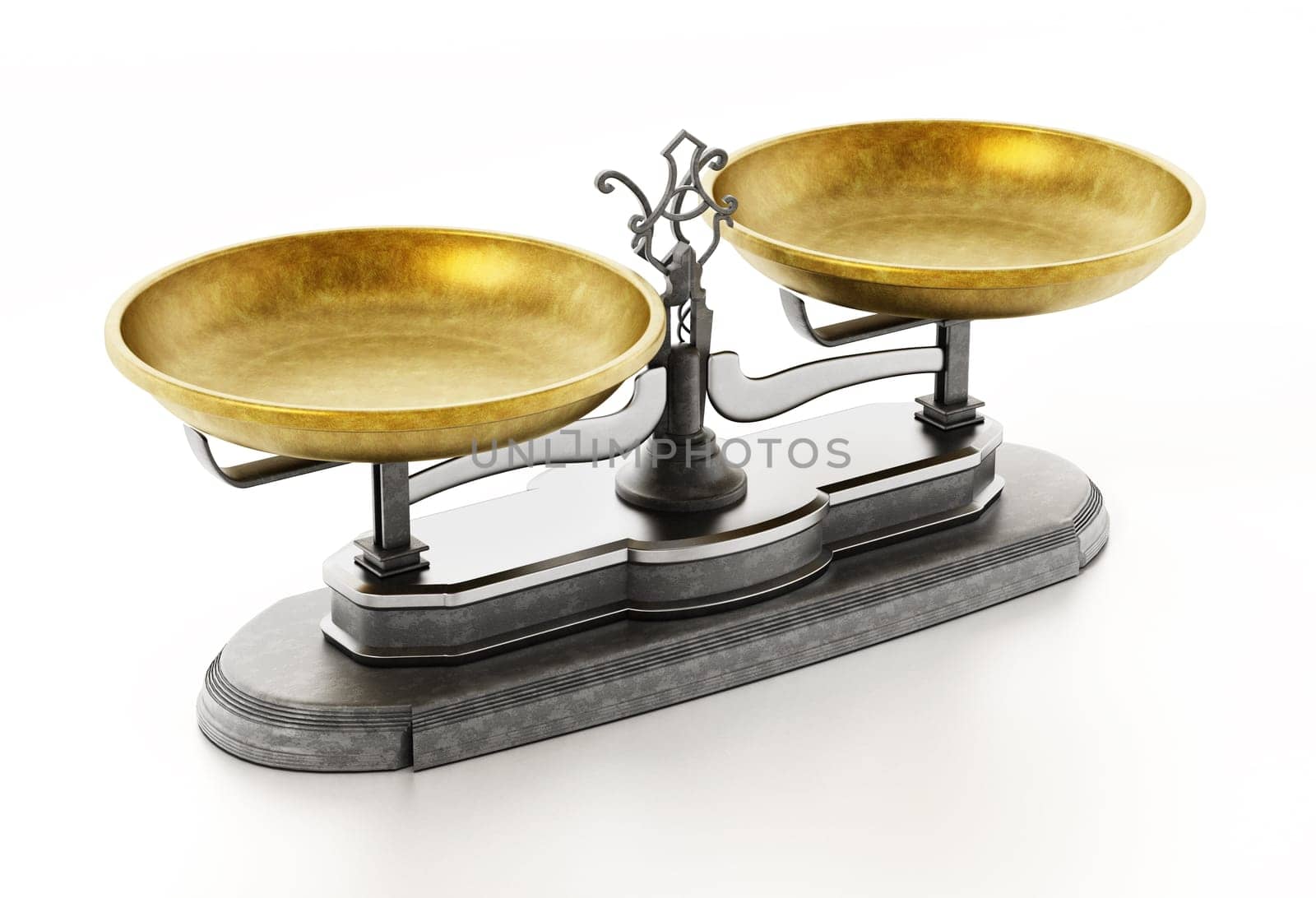 Vintage balanced scale isolated on white background. 3D illustration.