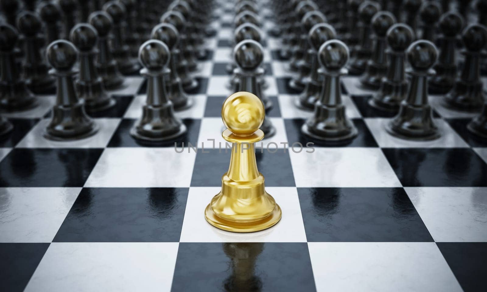 Gold chess pawn standingin front of black chess pieces. 3D illustration.