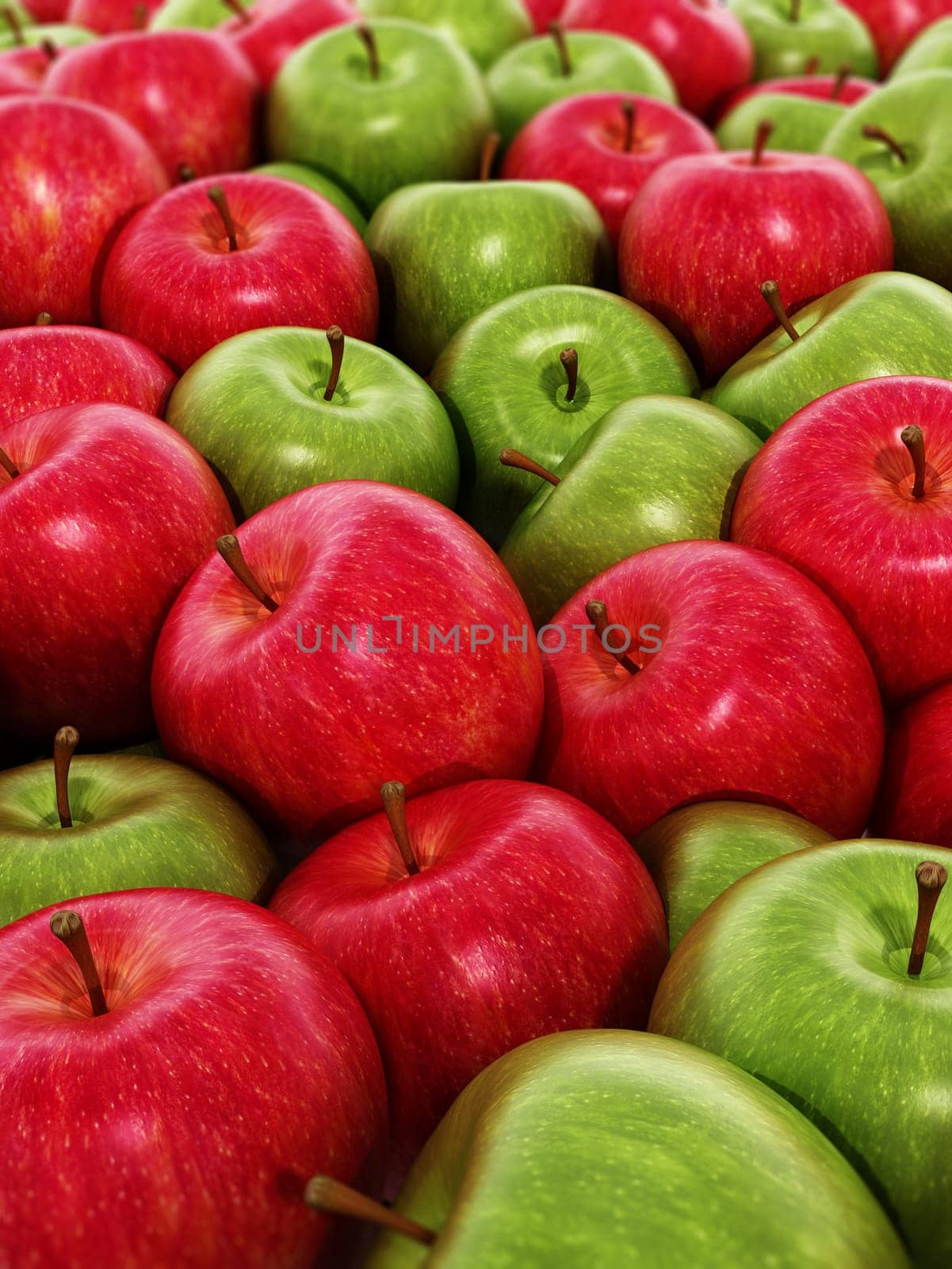 Stack of fresh green and red apples. 3D illustration.