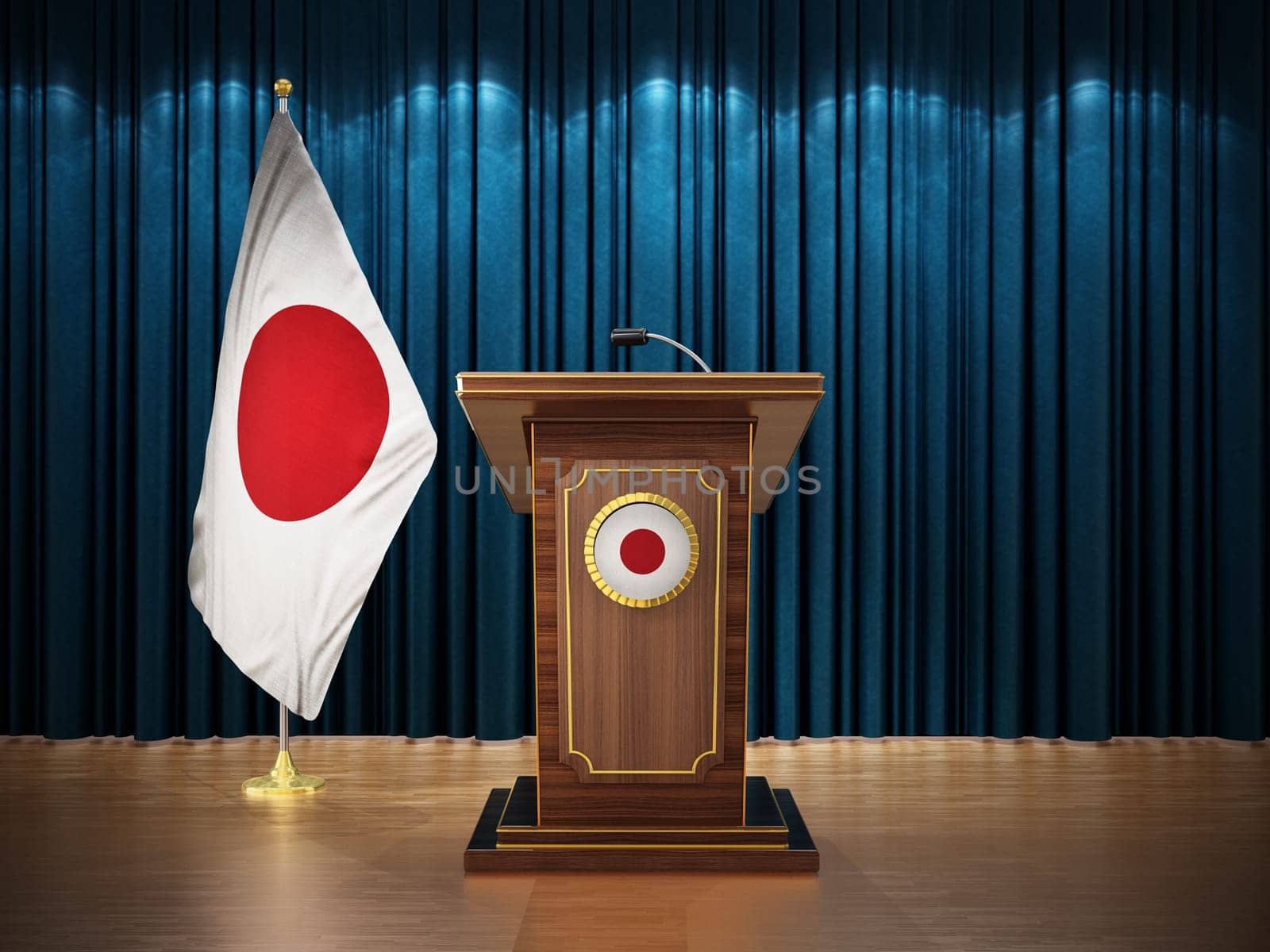 Press conference with flags of Japan and lectern against the blue curtain. 3D illustration.