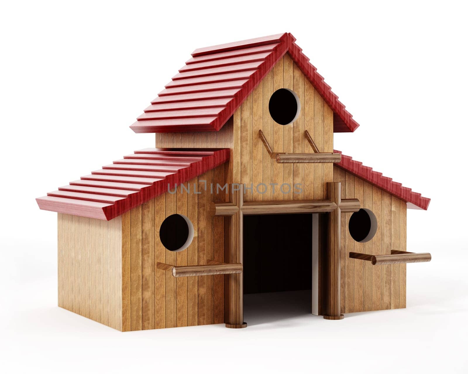 Three bird houses assembled together forming one big birdhouse. 3D illustration.