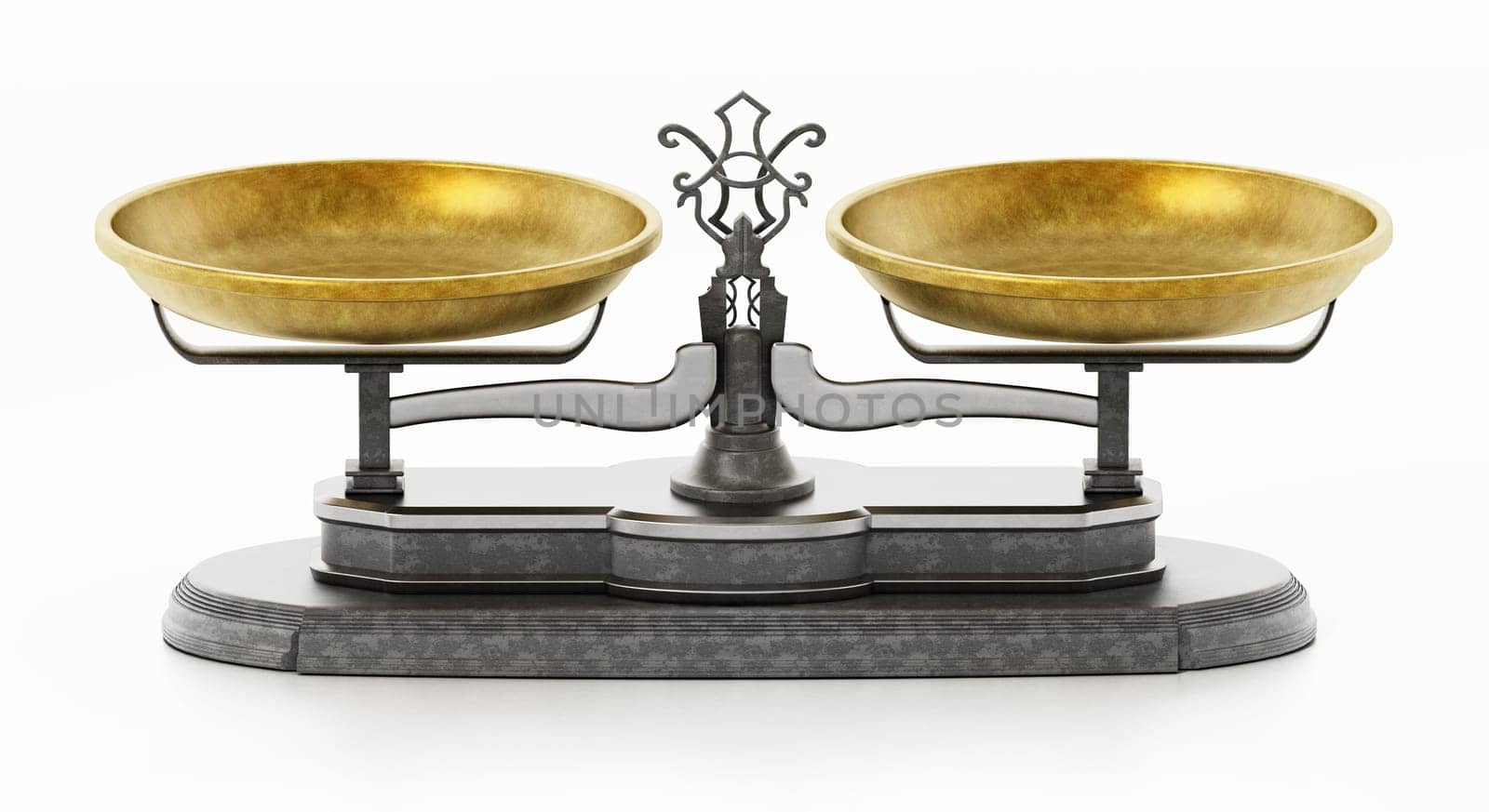 Vintage balanced scale isolated on white background. 3D illustration.