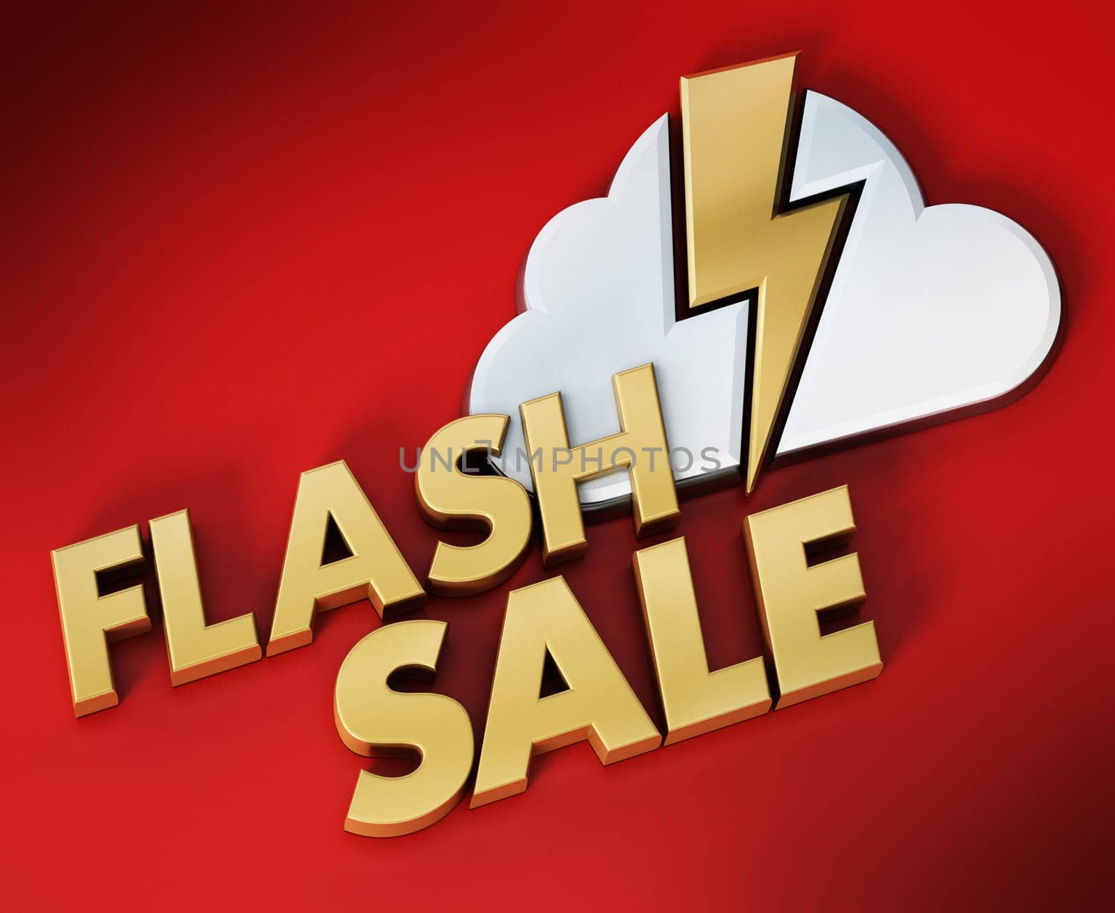 Flash sale text, cloud and lightning icon. 3D illustration.