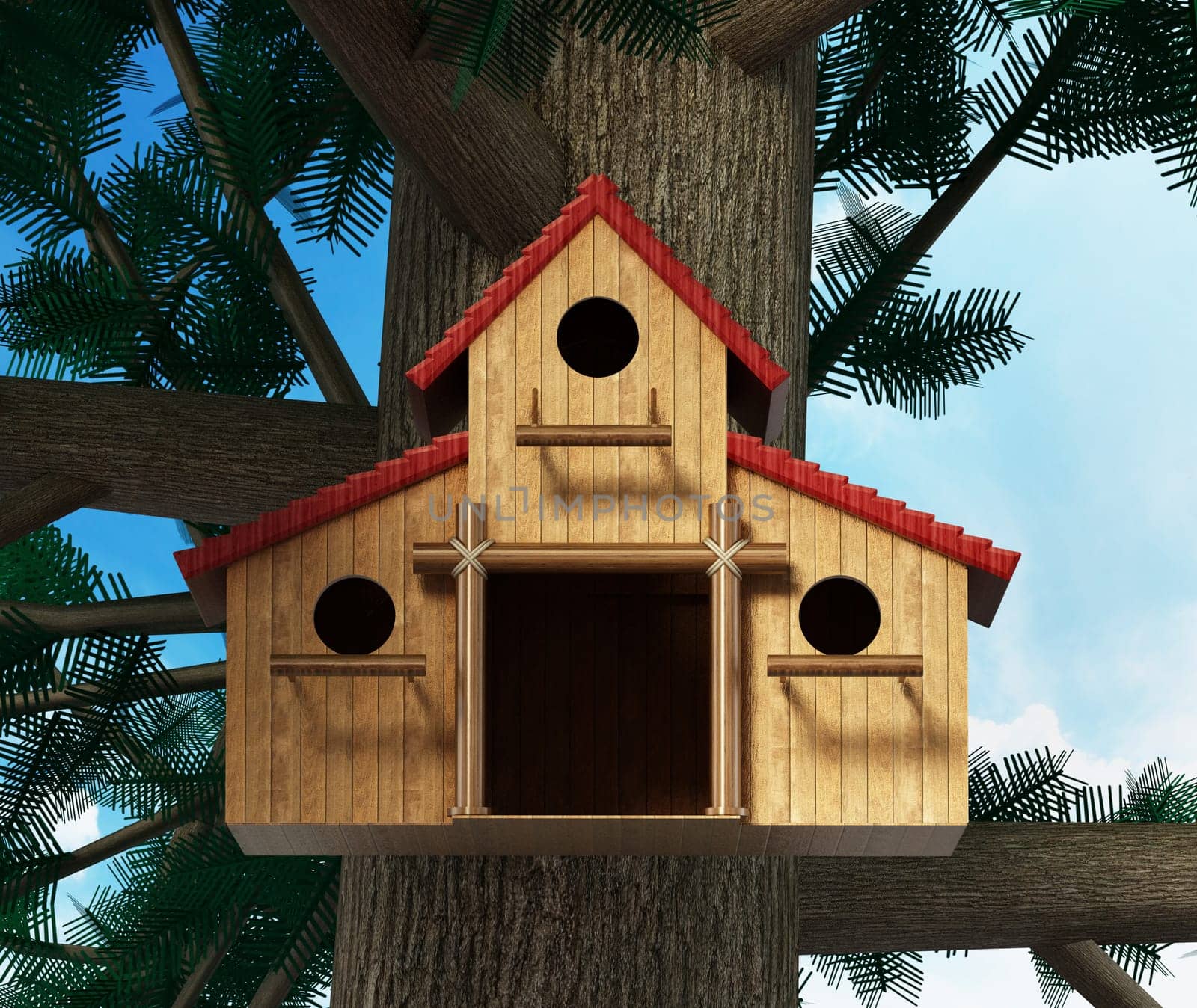 Birdhouse standing on the tree. 3D illustration.