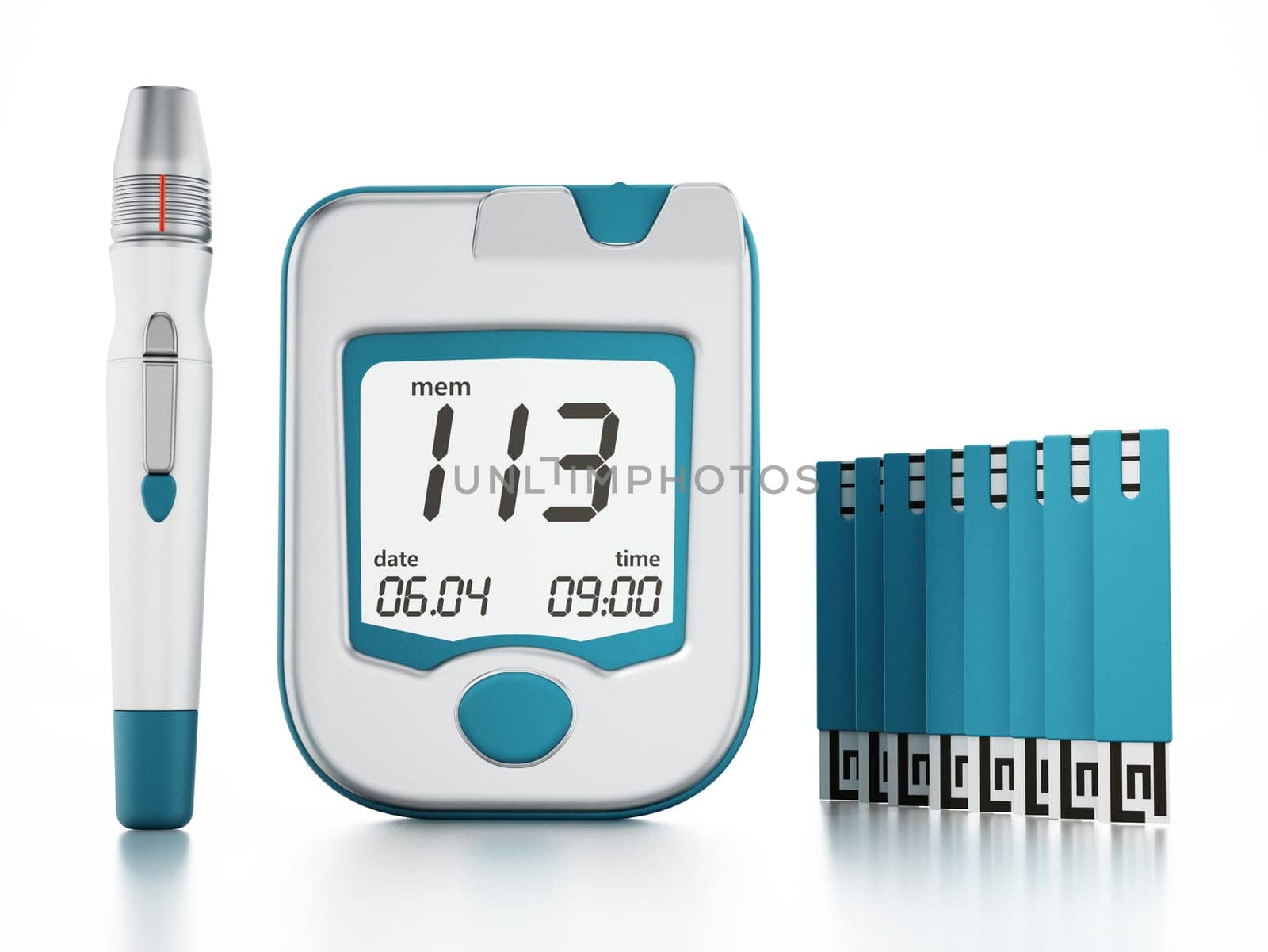 Blood glucose meter with strips isolated on white background. 3D illustration.