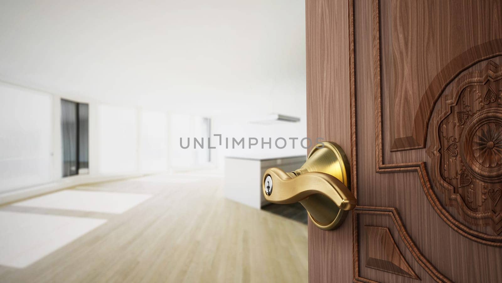 Half open apartment door opening to empty room. 3D illustration.