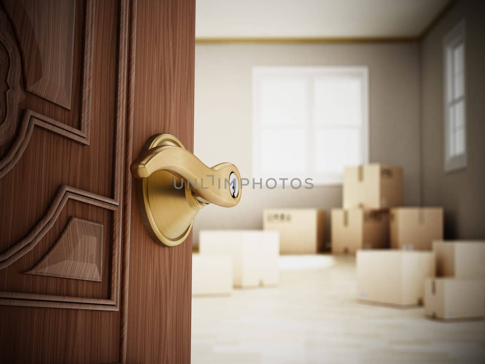 Half open apartment door opening to room with cargo boxes. 3D illustration.