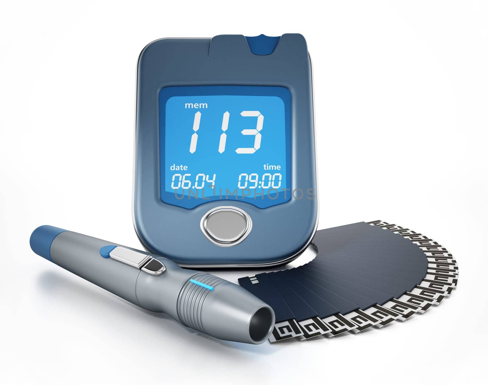 Blood glucose meter with strips isolated on white background. 3D illustration.