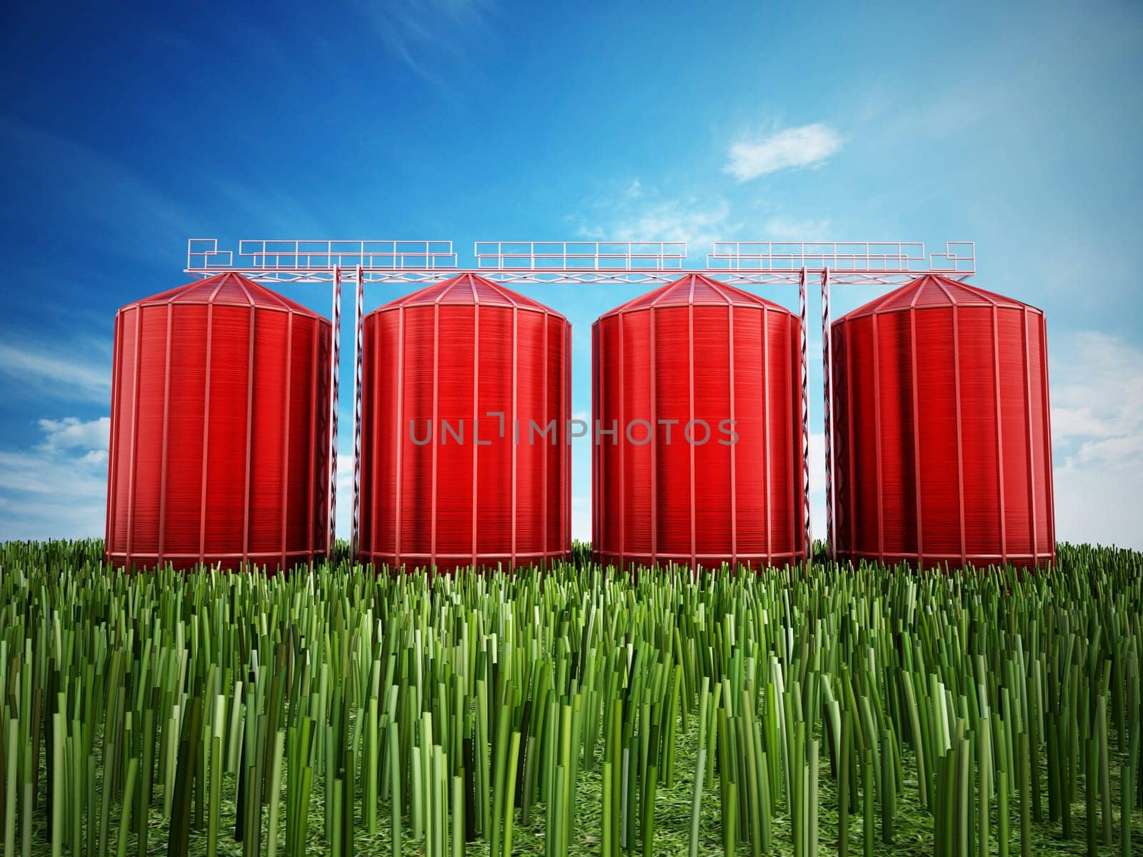 Agriculture grain silos on grass under blue sky. 3D illustration.
