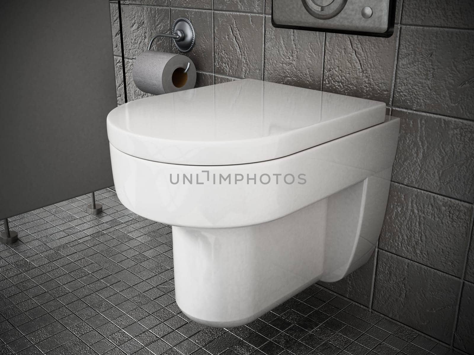 Modern toilet inside restroom covered with gray stones. 3D illustration.