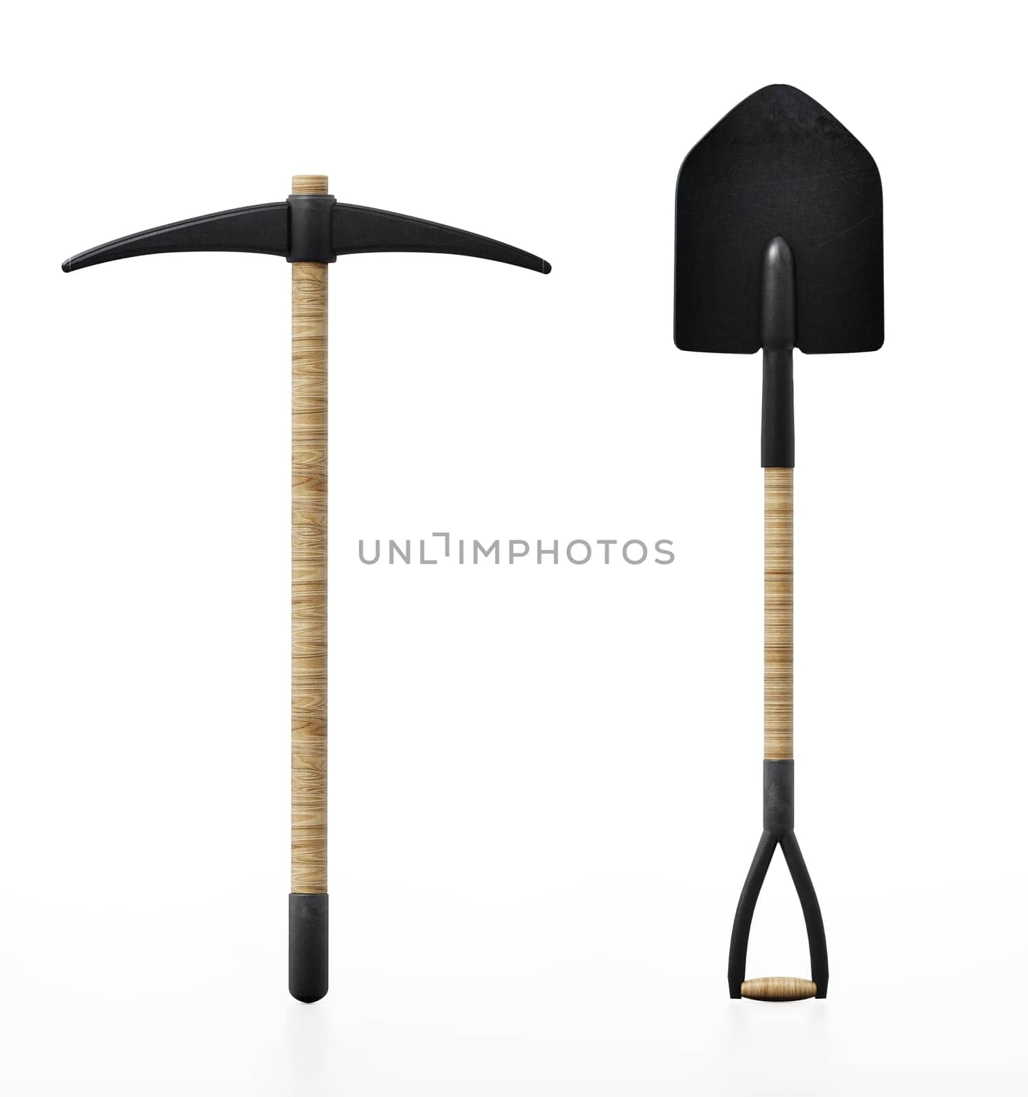 Shovel and pick axe isolated on white background. 3D illustration.